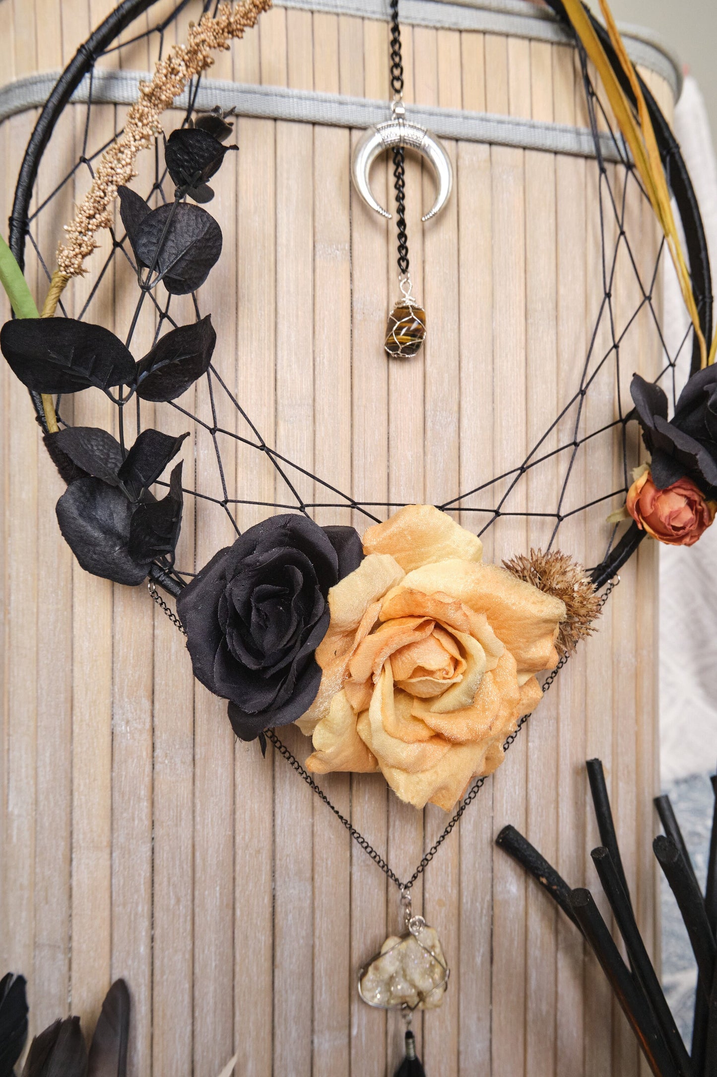 Crystal Dream Catcher, Samhain Moon Flower Wreath