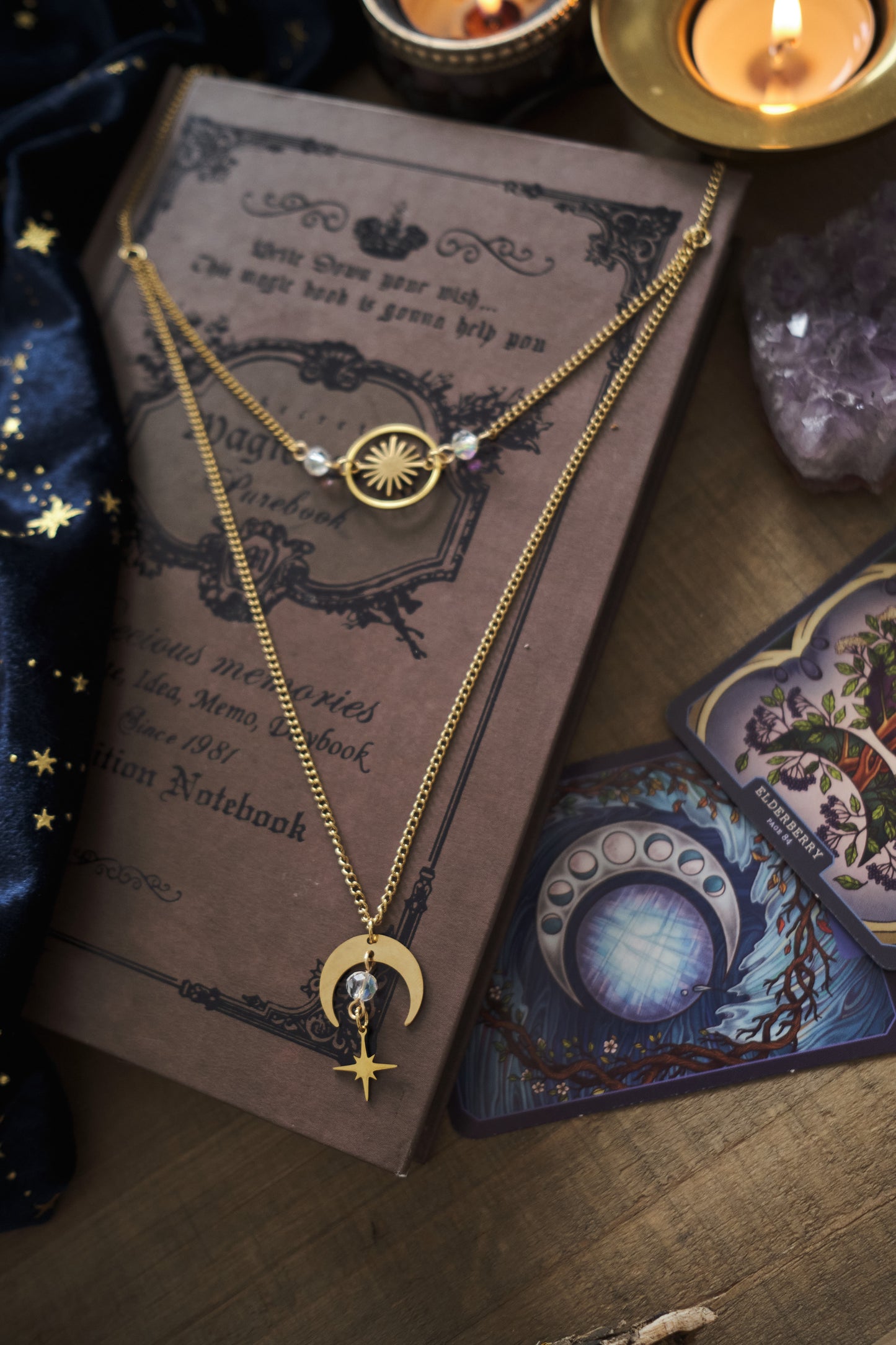 Gargantilla Witchy doble, Collar de Luna, Sol y Estrella .