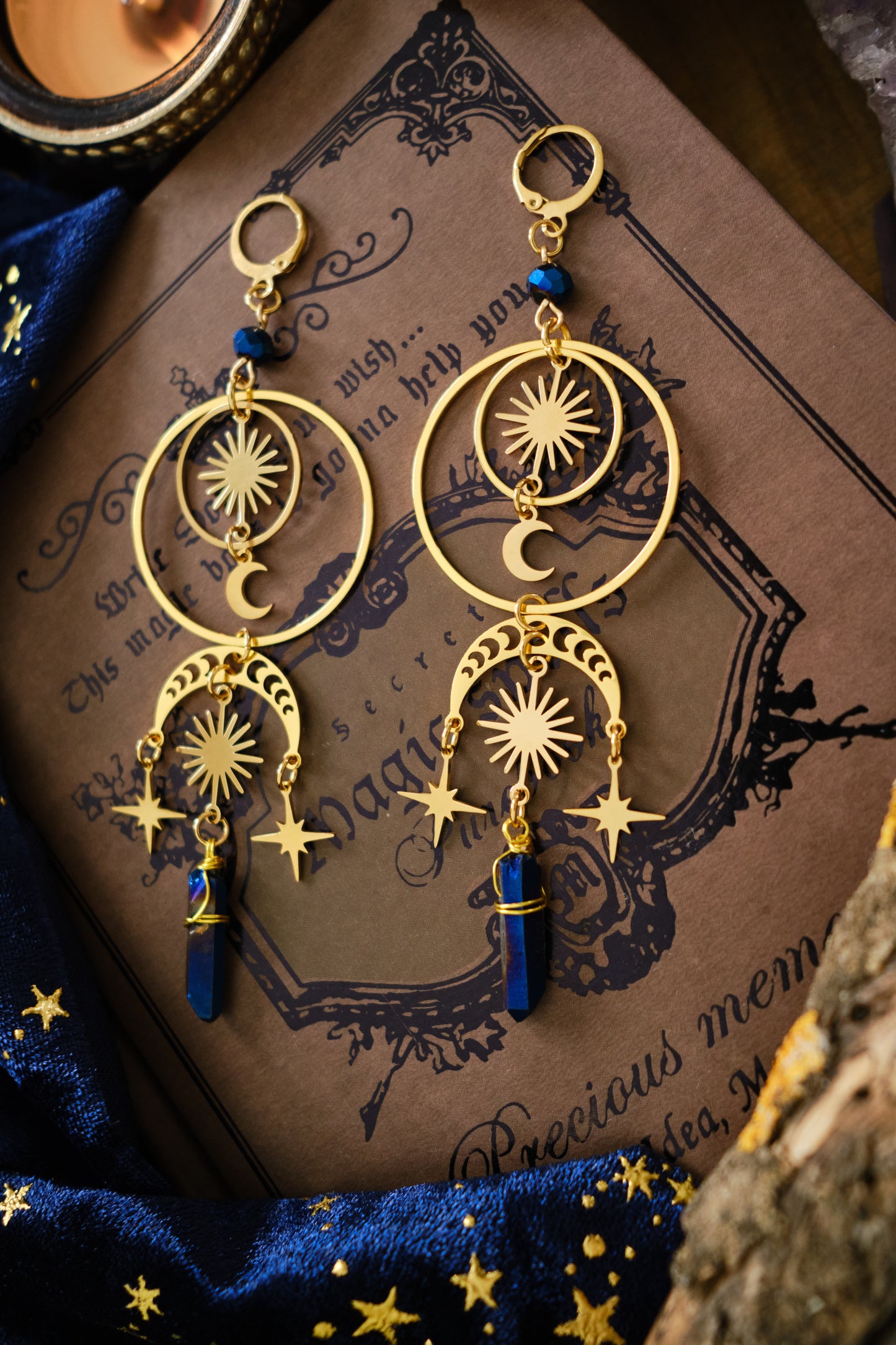 Pendientes Luna y Estrella con Cuarzo, Bisutería Witchy