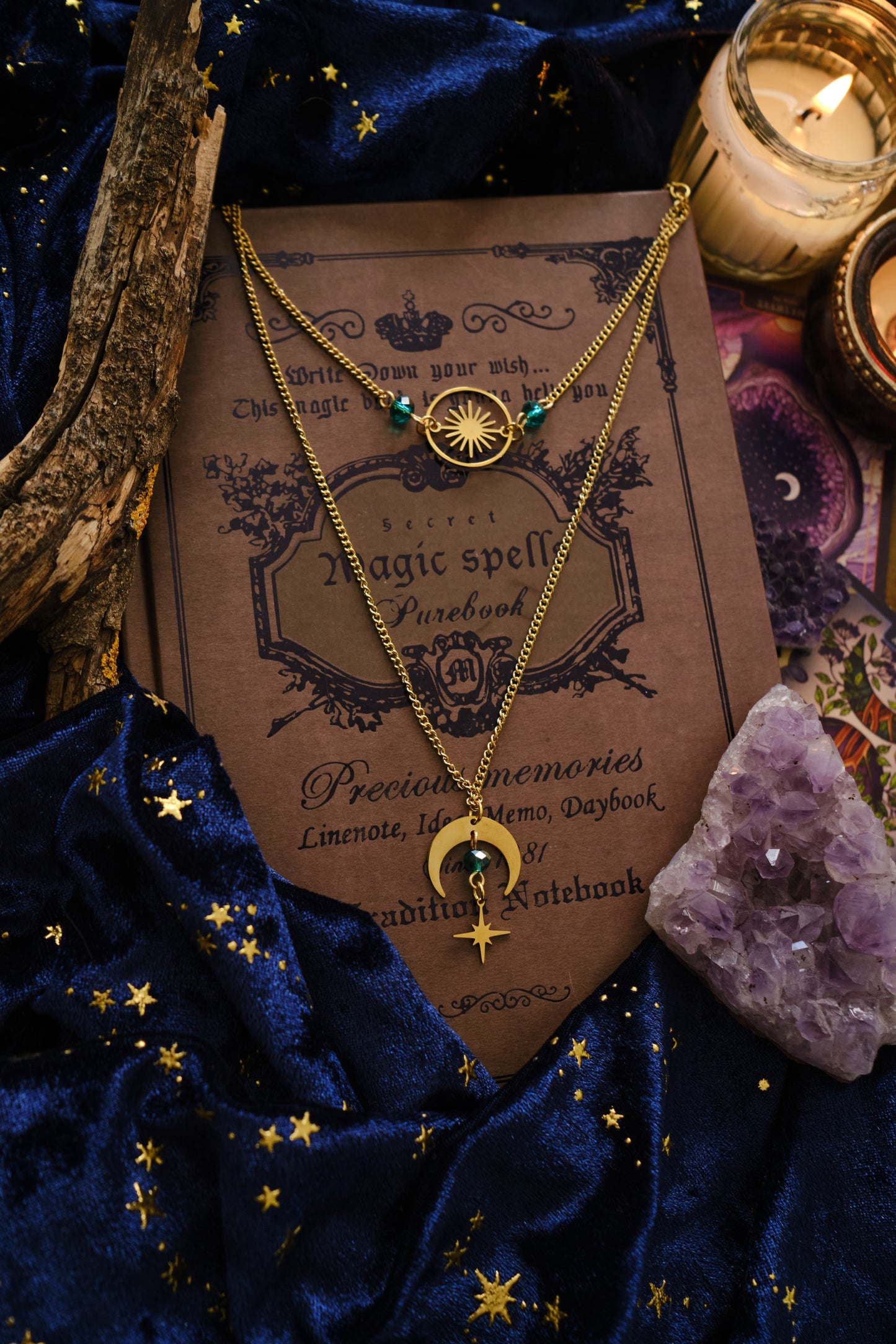 Gargantilla Witchy doble, Collar de Luna, Sol y Estrella .