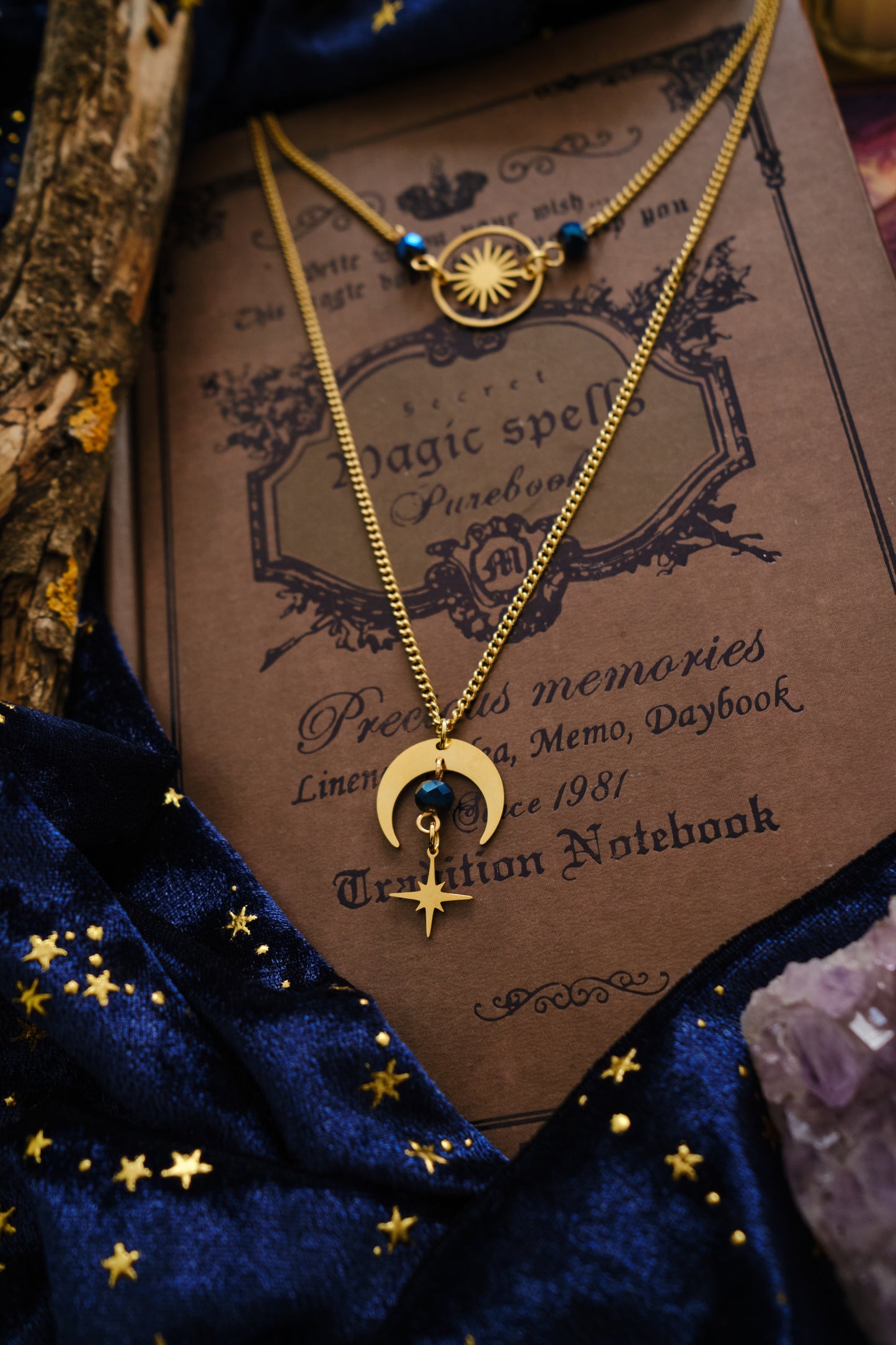 Gargantilla Witchy doble, Collar de Luna, Sol y Estrella .