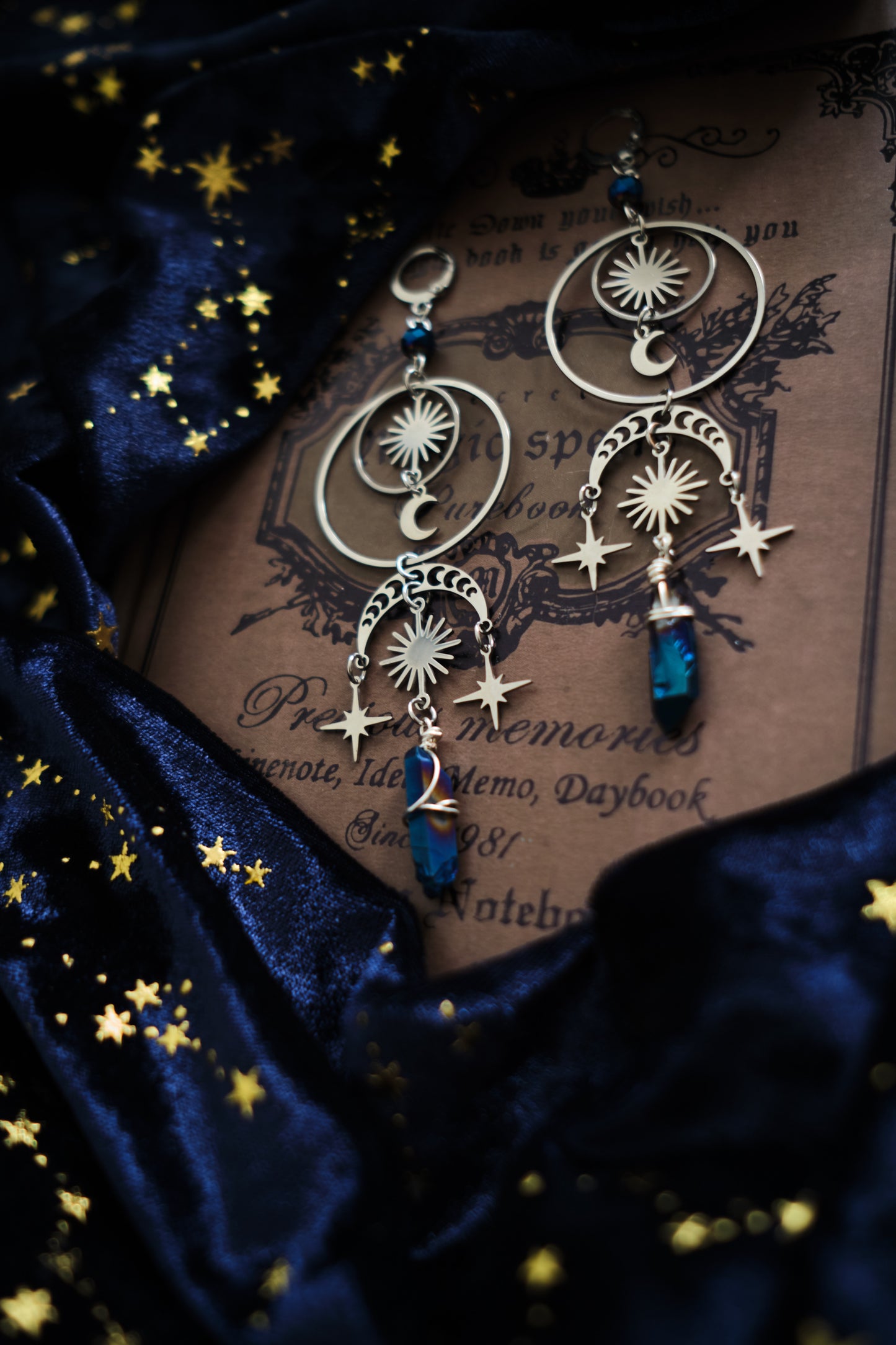 Pendientes Luna y Estrella con Cuarzo, Bisutería Witchy