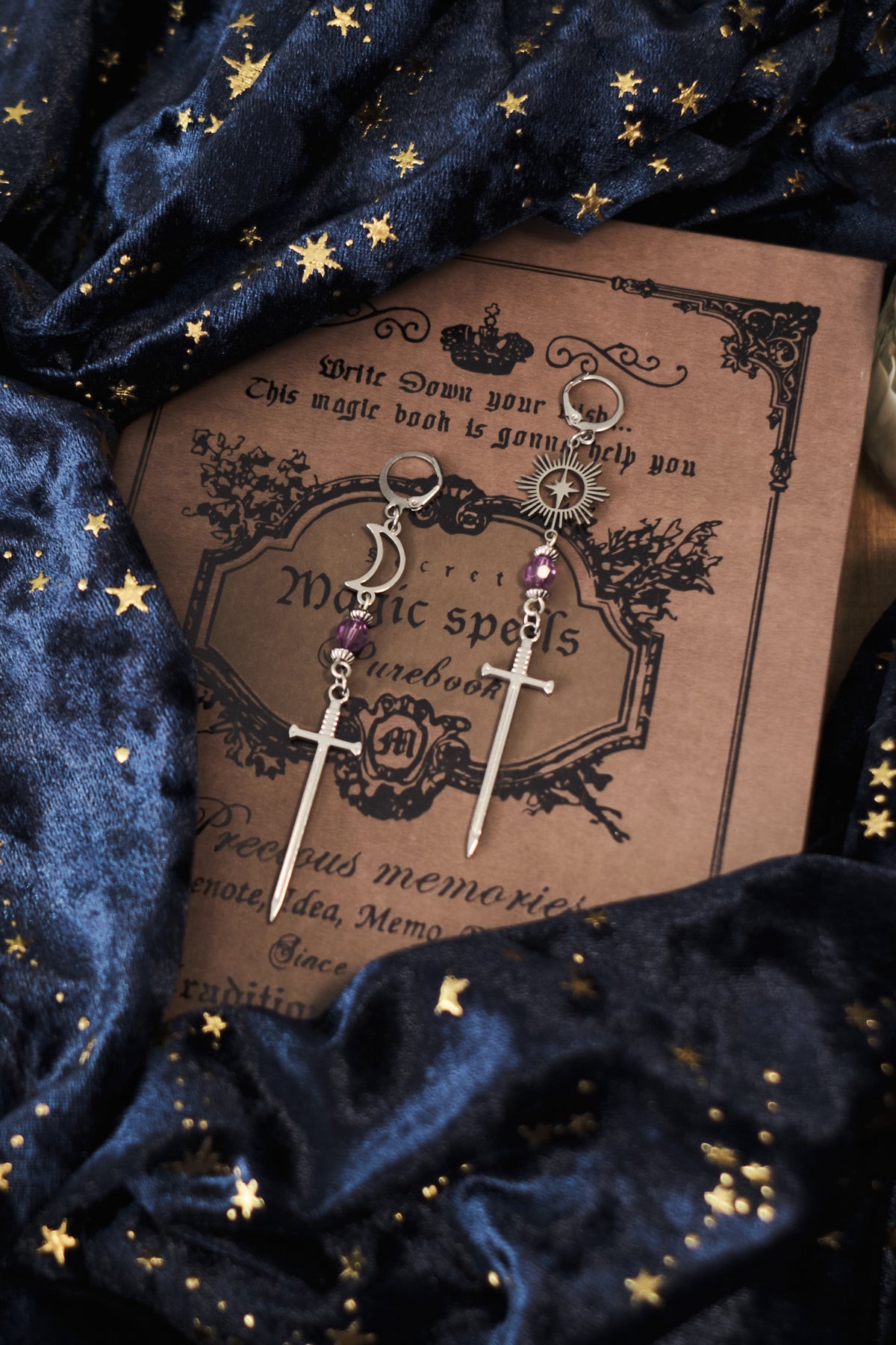 Romantasy Sword and Star Earrings, Medieval Celestial Jewelry.