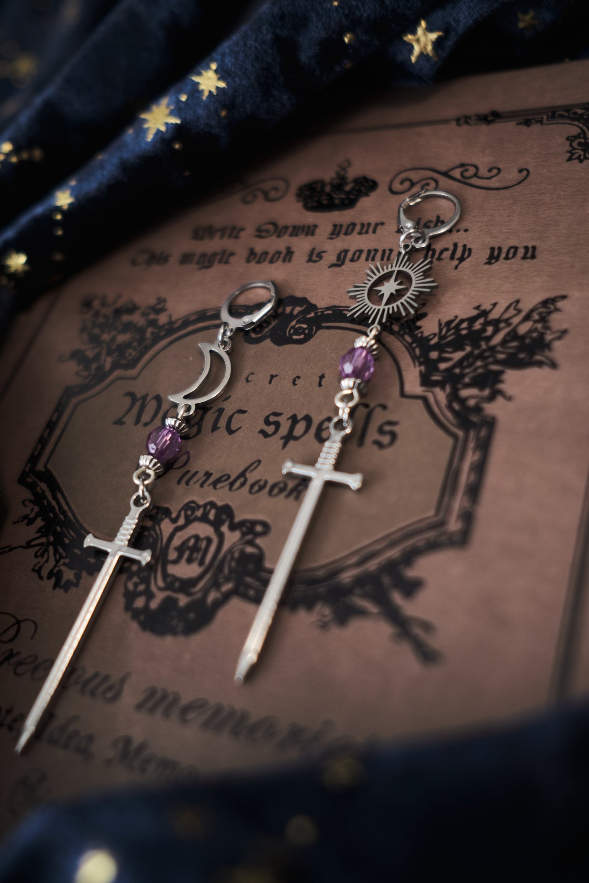 Romantasy Sword and Star Earrings, Medieval Celestial Jewelry.