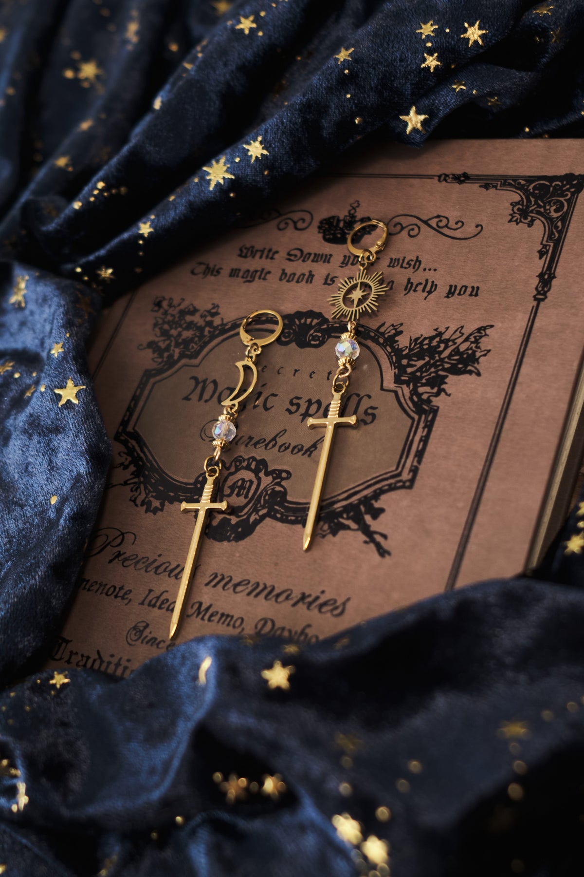 Romantasy Sword and Star Earrings, Medieval Celestial Jewelry.