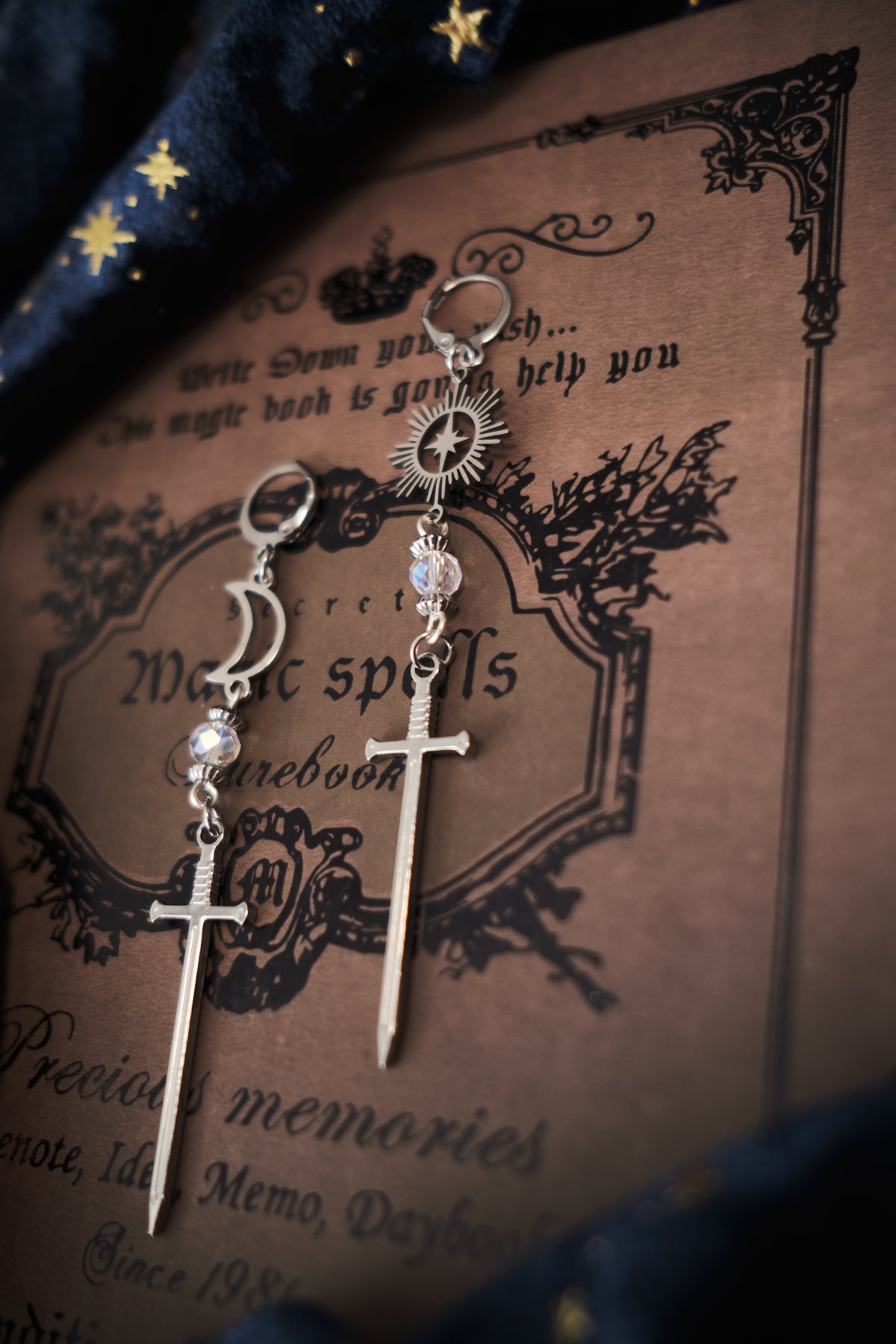 Romantasy Sword and Star Earrings, Medieval Celestial Jewelry.