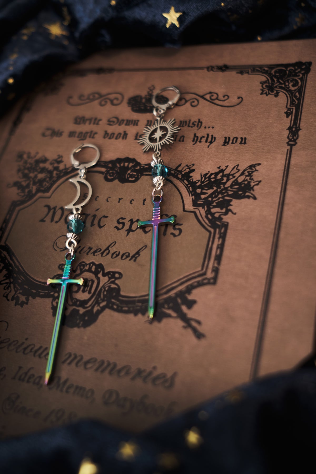 Romantasy Sword and Star Earrings, Medieval Celestial Jewelry.