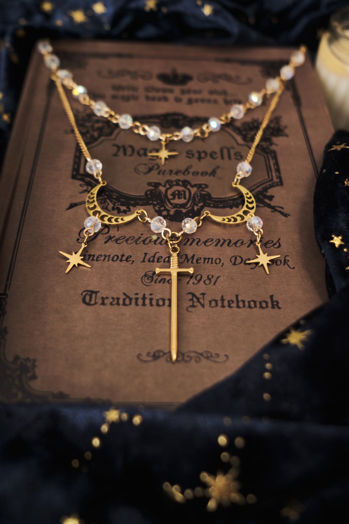 Double Sword and Stars Necklace, Medieval Romantasy Necklace.