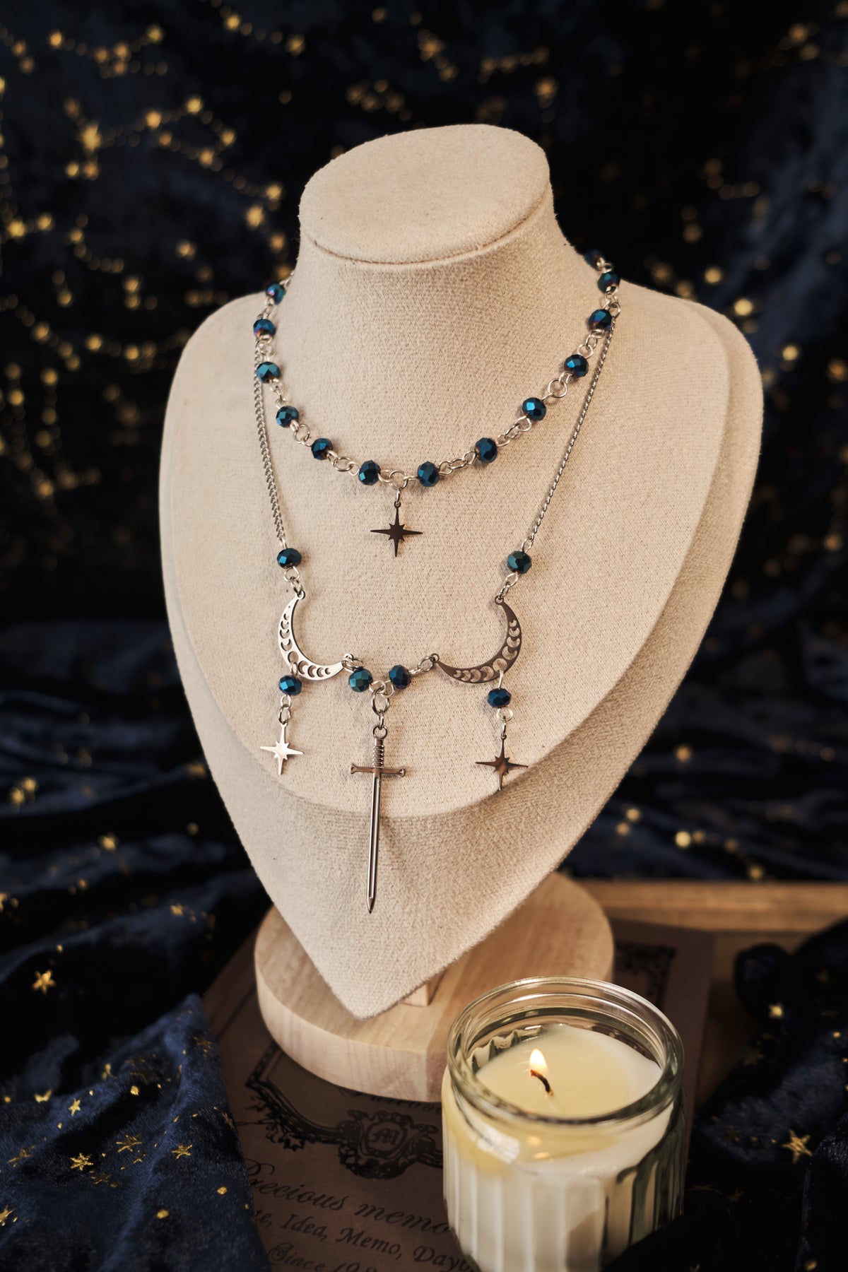 Double Sword and Stars Necklace, Medieval Romantasy Necklace.