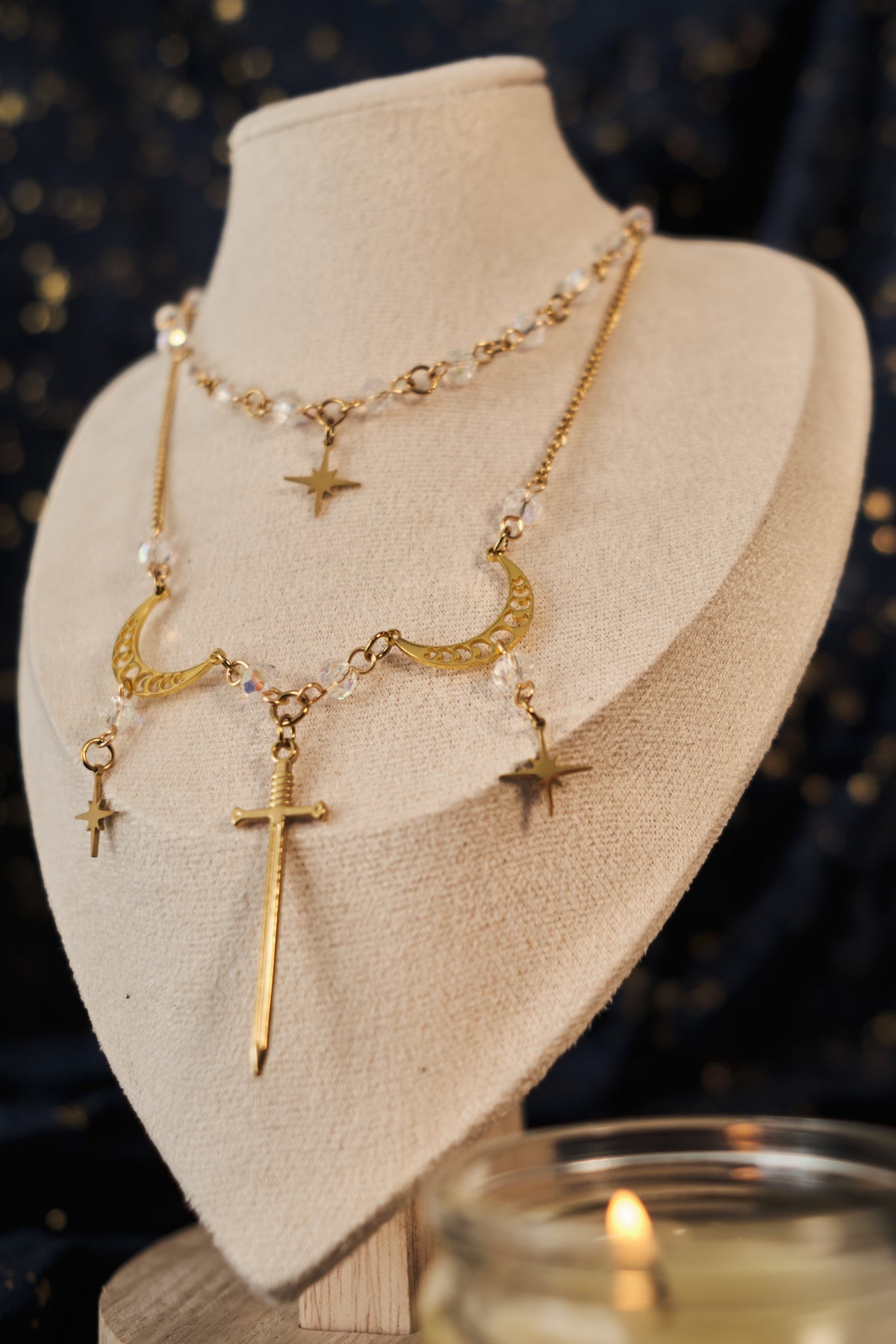 Double Sword and Stars Necklace, Medieval Romantasy Necklace.