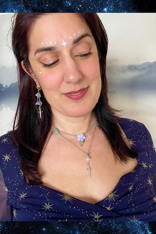 Double Sword and Flowers Necklace, Cottagecore Style Necklace.