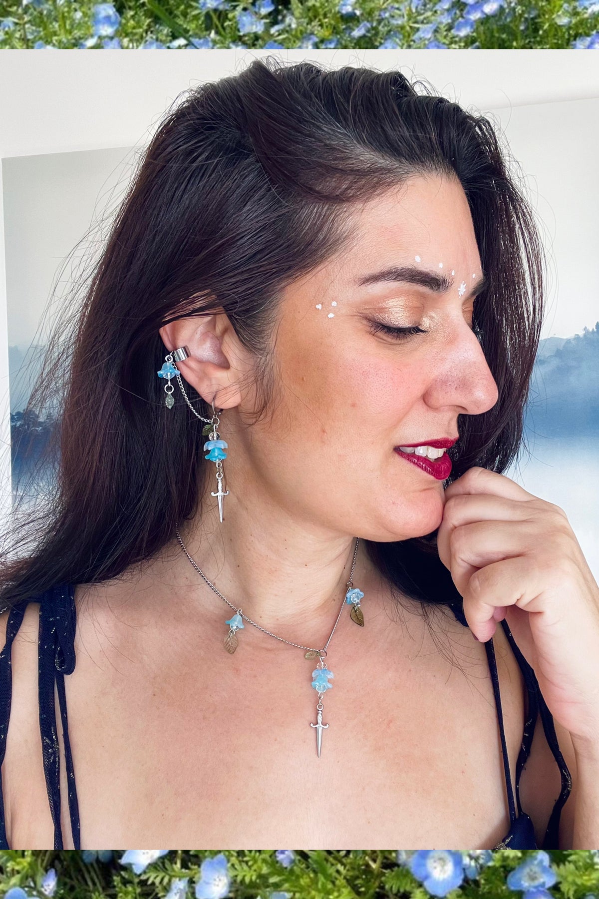 Fairycore Flower and Sword Dangle Earrings with Ear Cuff