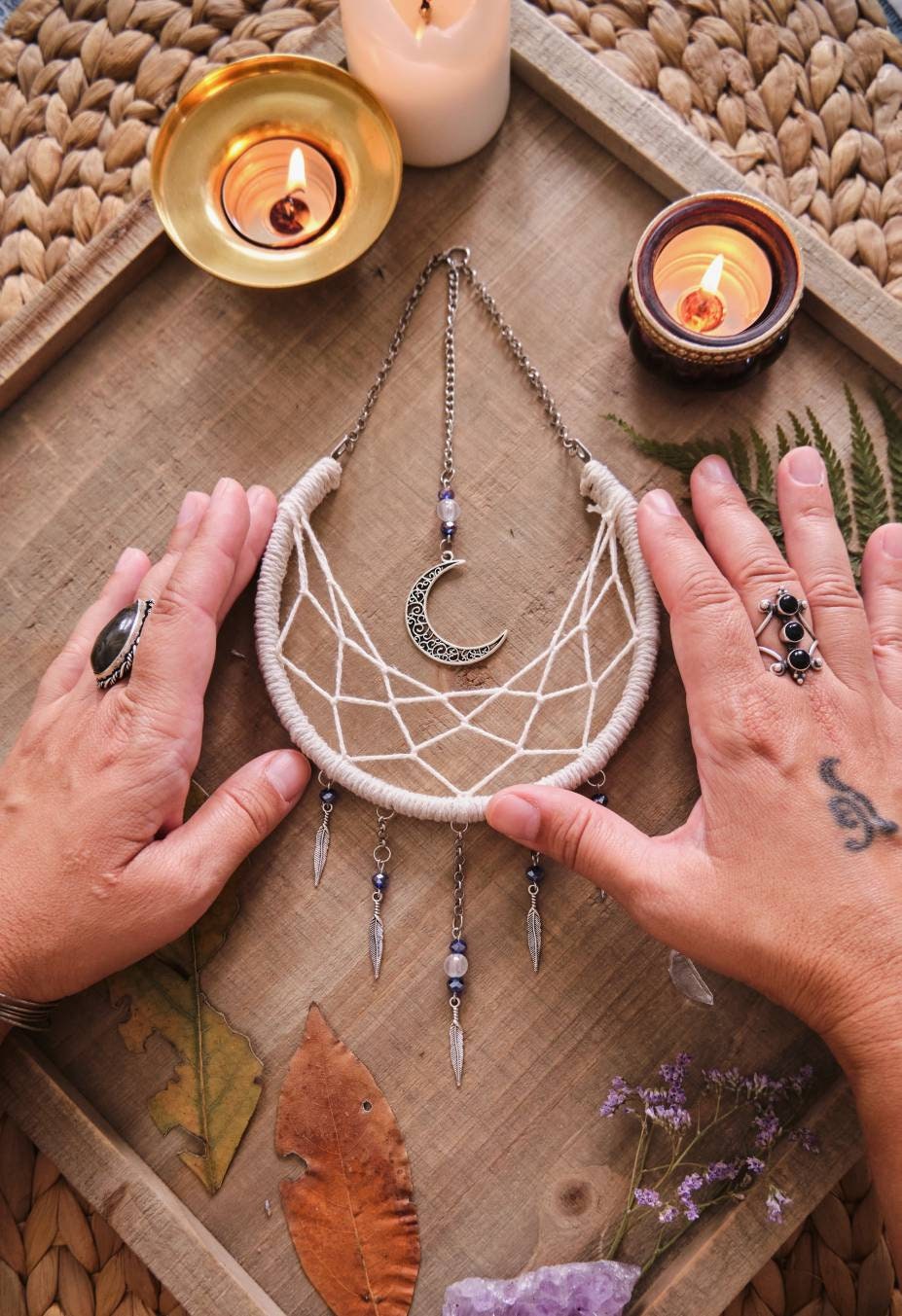 Small Moon Dreamcatcher, White Crescent Moon Decor
