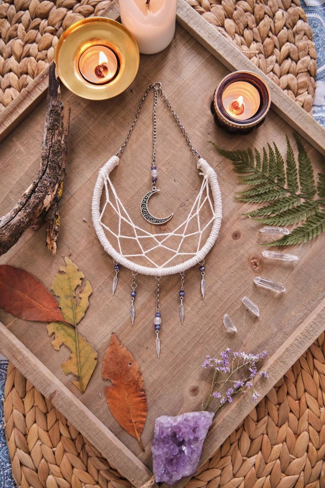 Small Moon Dreamcatcher, White Crescent Moon Decor
