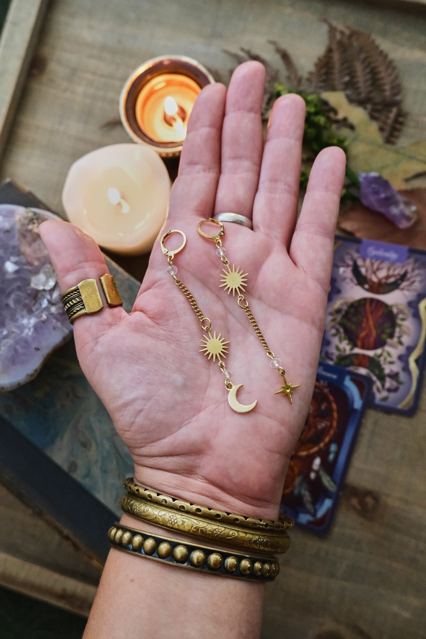 Mismatched Moon and Star Earrings, Dangling Elegant Celestial Jewelry