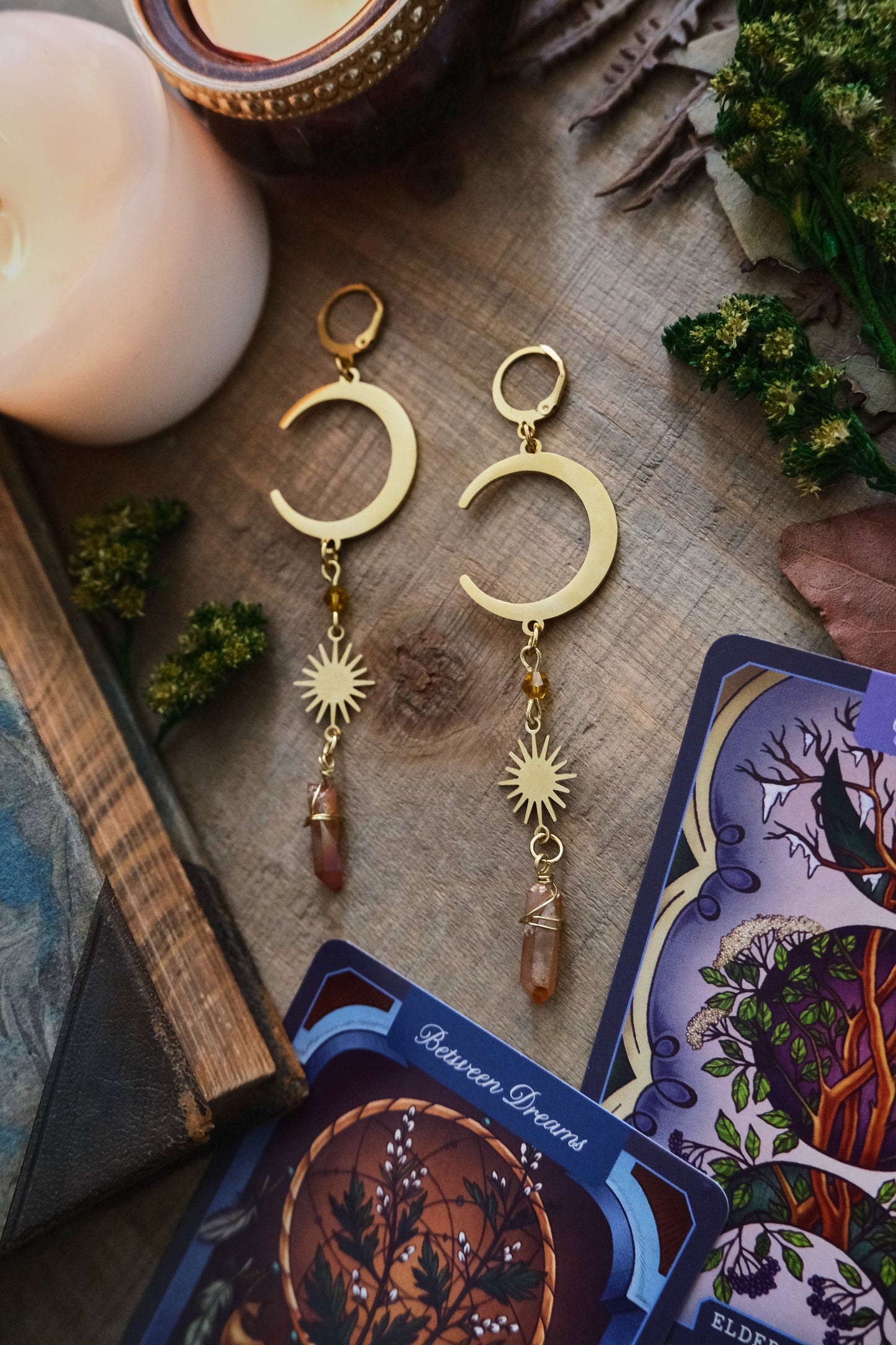 Moon and Star Crystal Earrings, Quartz Crystal, Celestial Jewelry