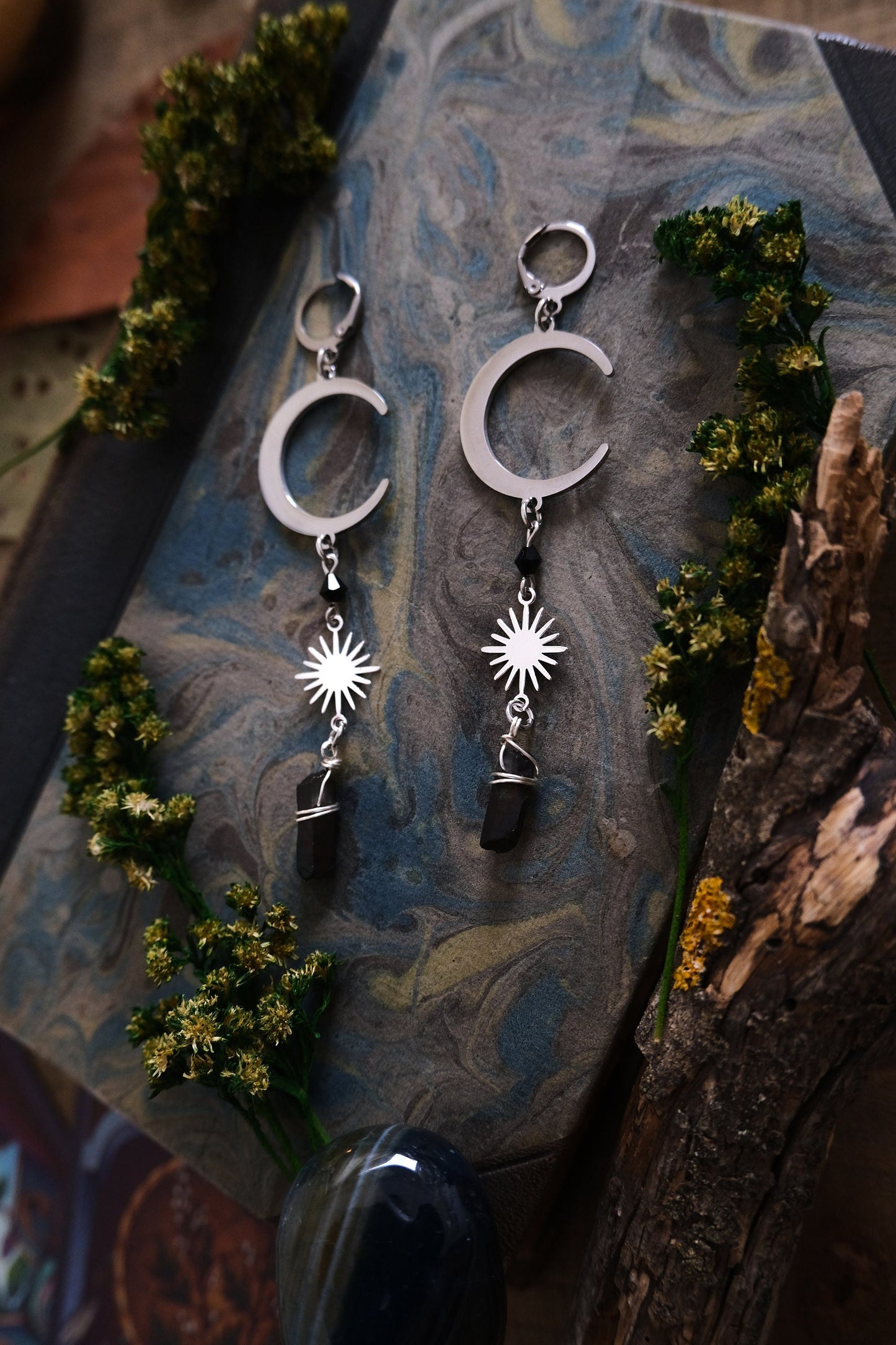 Moon and Star Crystal Earrings, Quartz Crystal, Celestial Jewelry