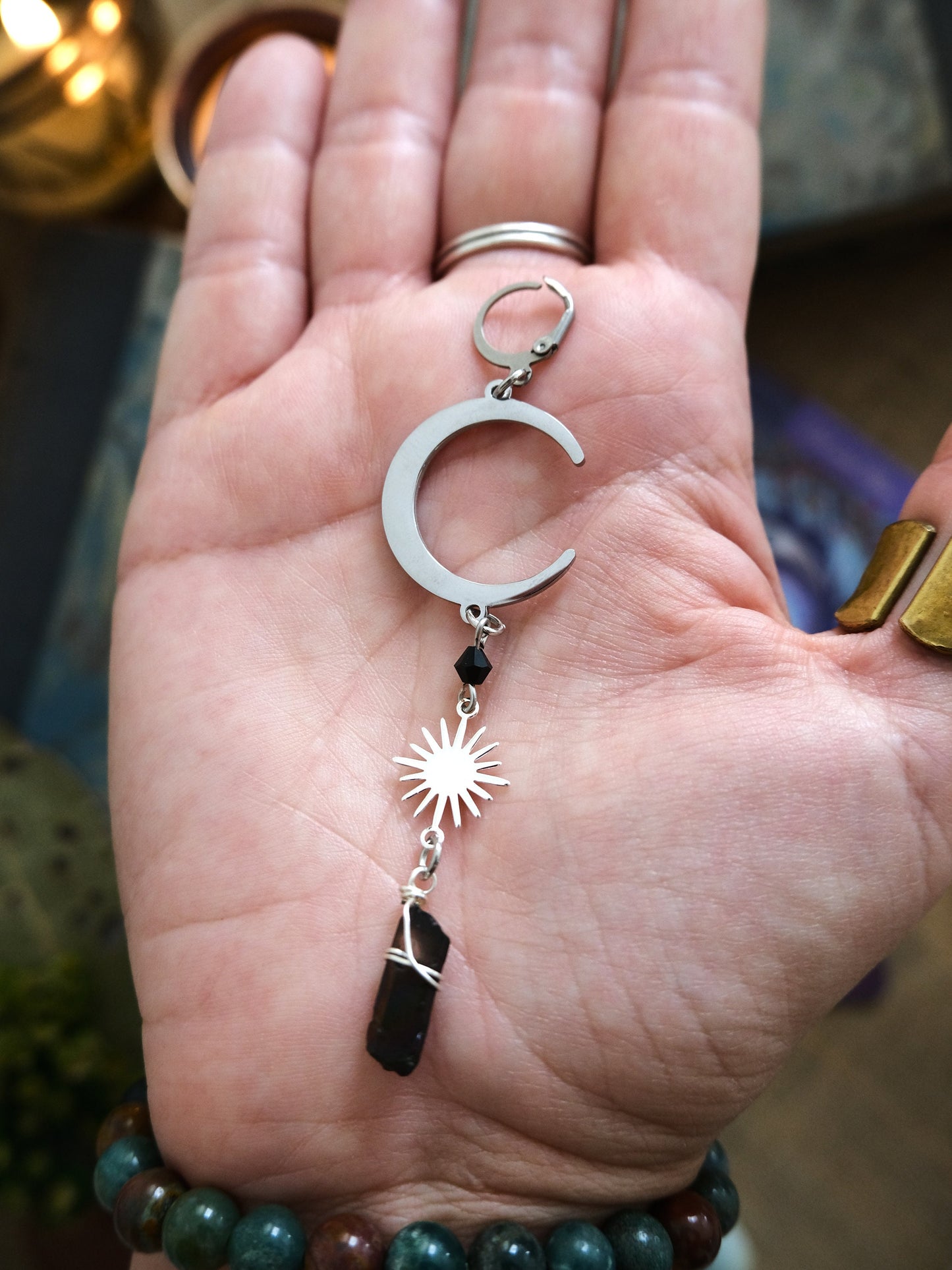 Moon and Star Crystal Earrings, Quartz Crystal, Celestial Jewelry