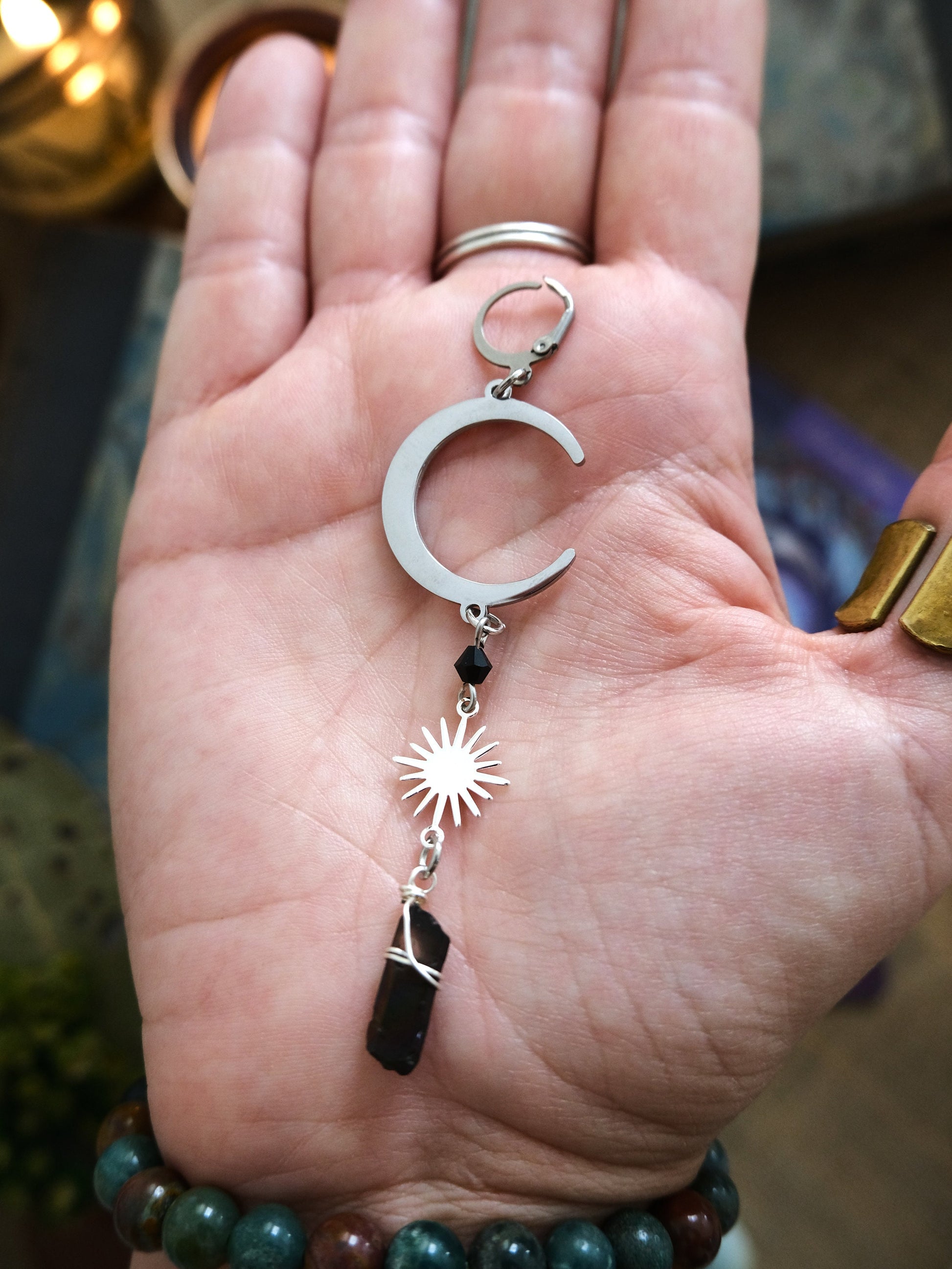 Moon and Star Crystal Earrings, Quartz Crystal, Celestial Jewelry