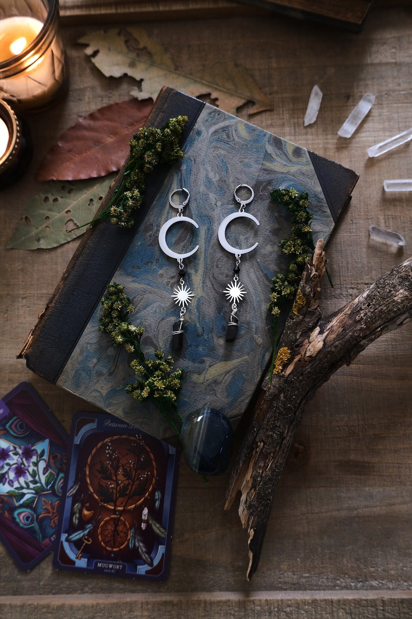 Moon and Star Crystal Earrings, Quartz Crystal, Celestial Jewelry