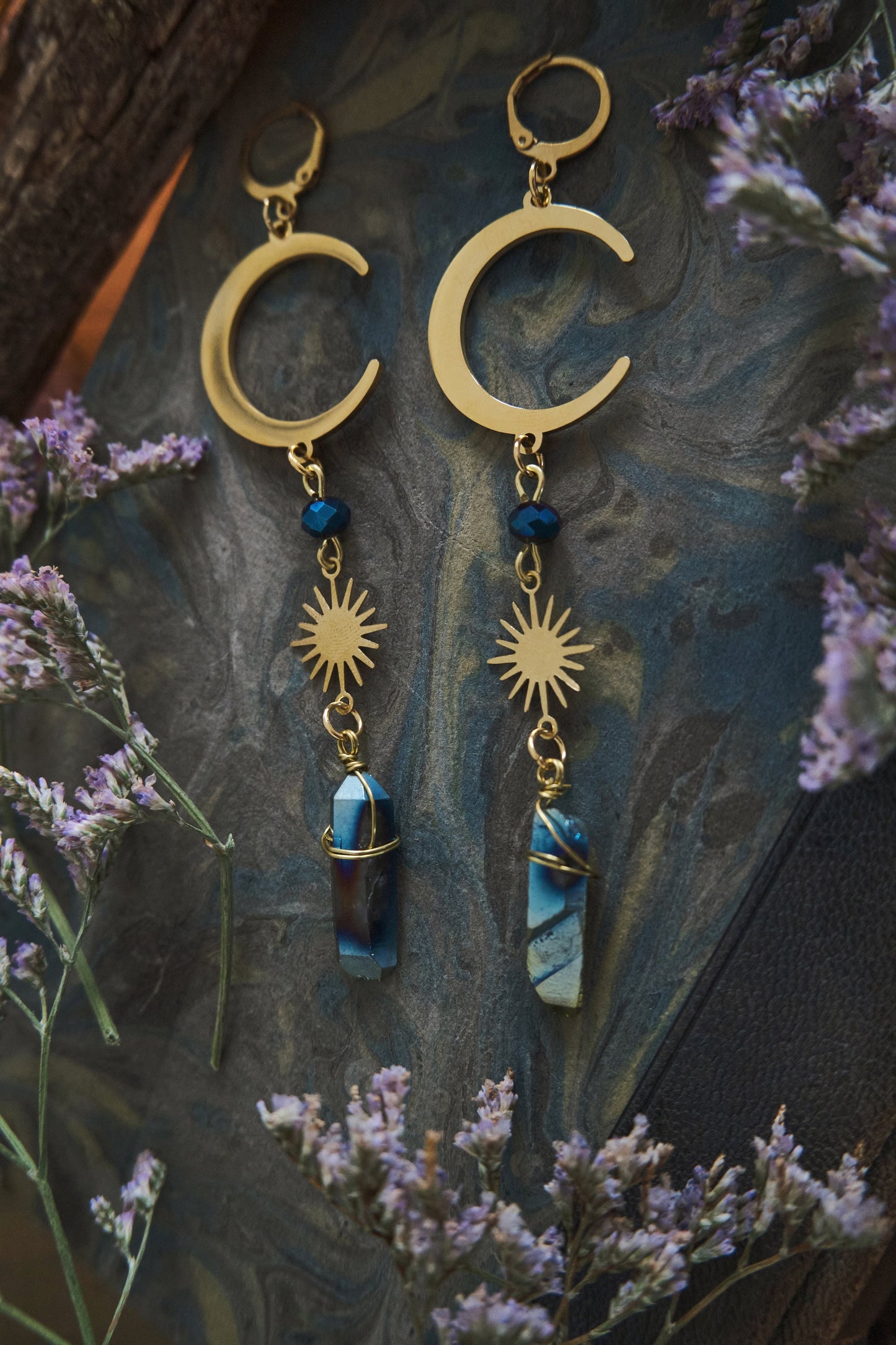 Moon and Star Crystal Earrings, Quartz Crystal, Celestial Jewelry