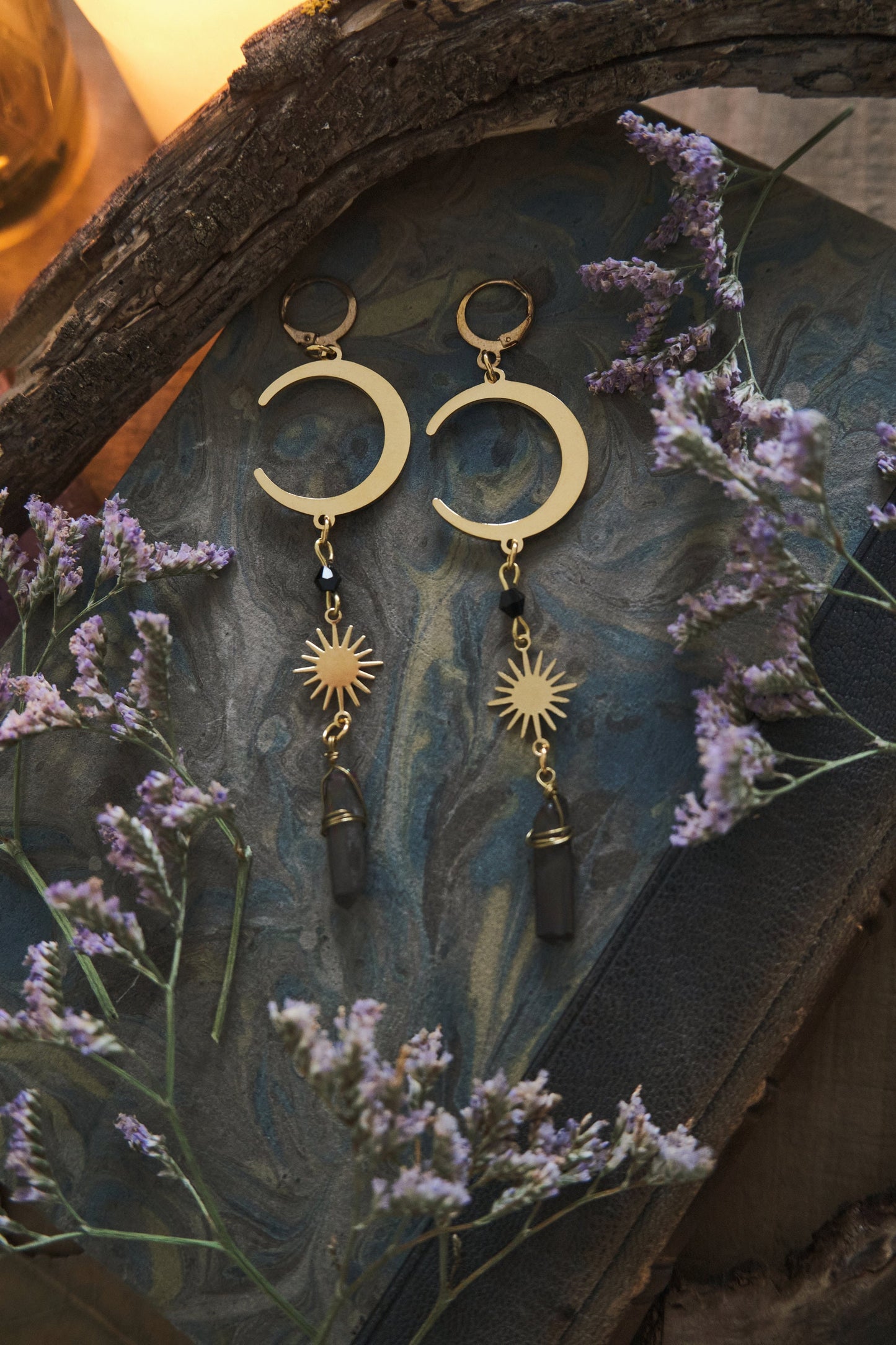 Moon and Star Crystal Earrings, Quartz Crystal, Celestial Jewelry