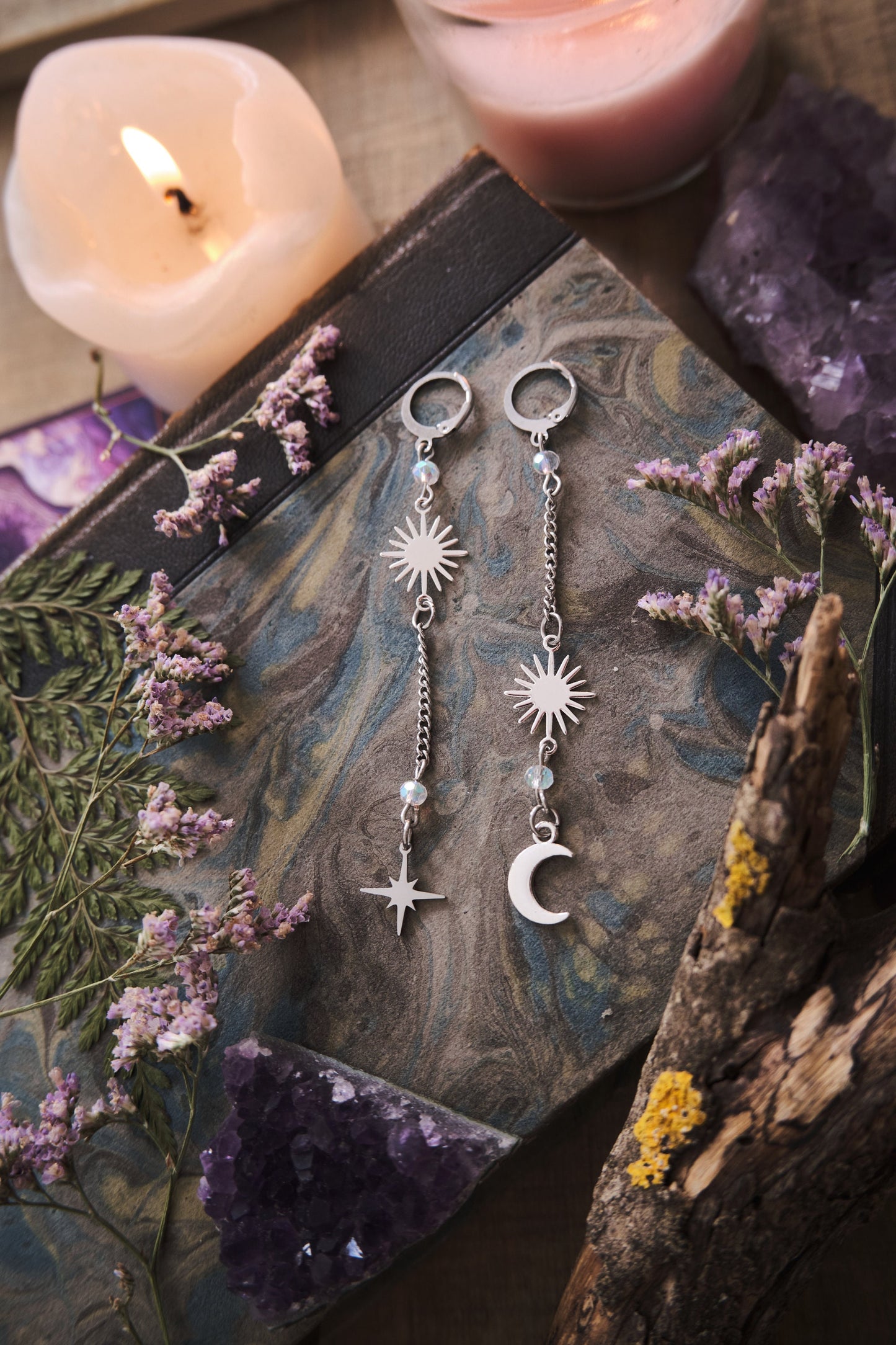 Mismatched Moon and Star Earrings, Dangling Elegant Celestial Jewelry