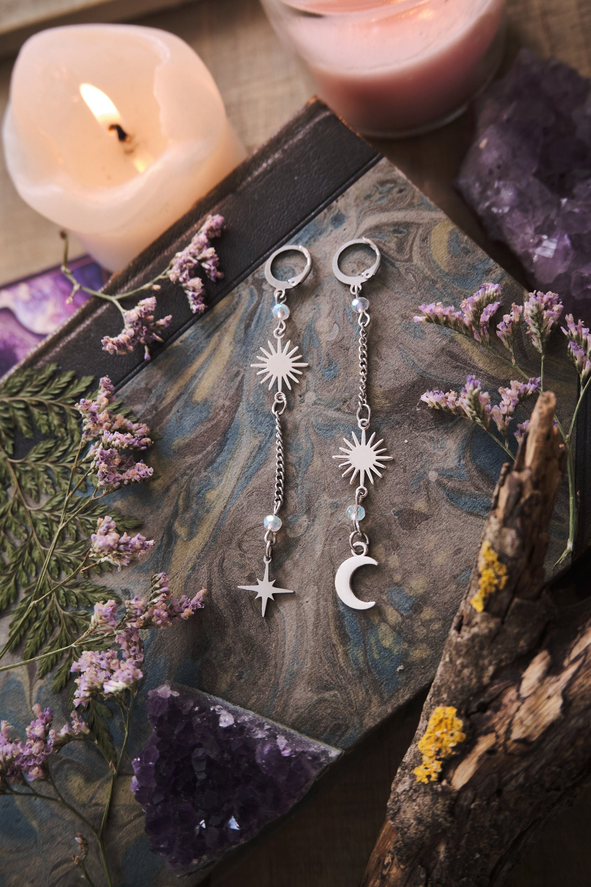 Mismatched Moon and Star Earrings, Dangling Elegant Celestial Jewelry