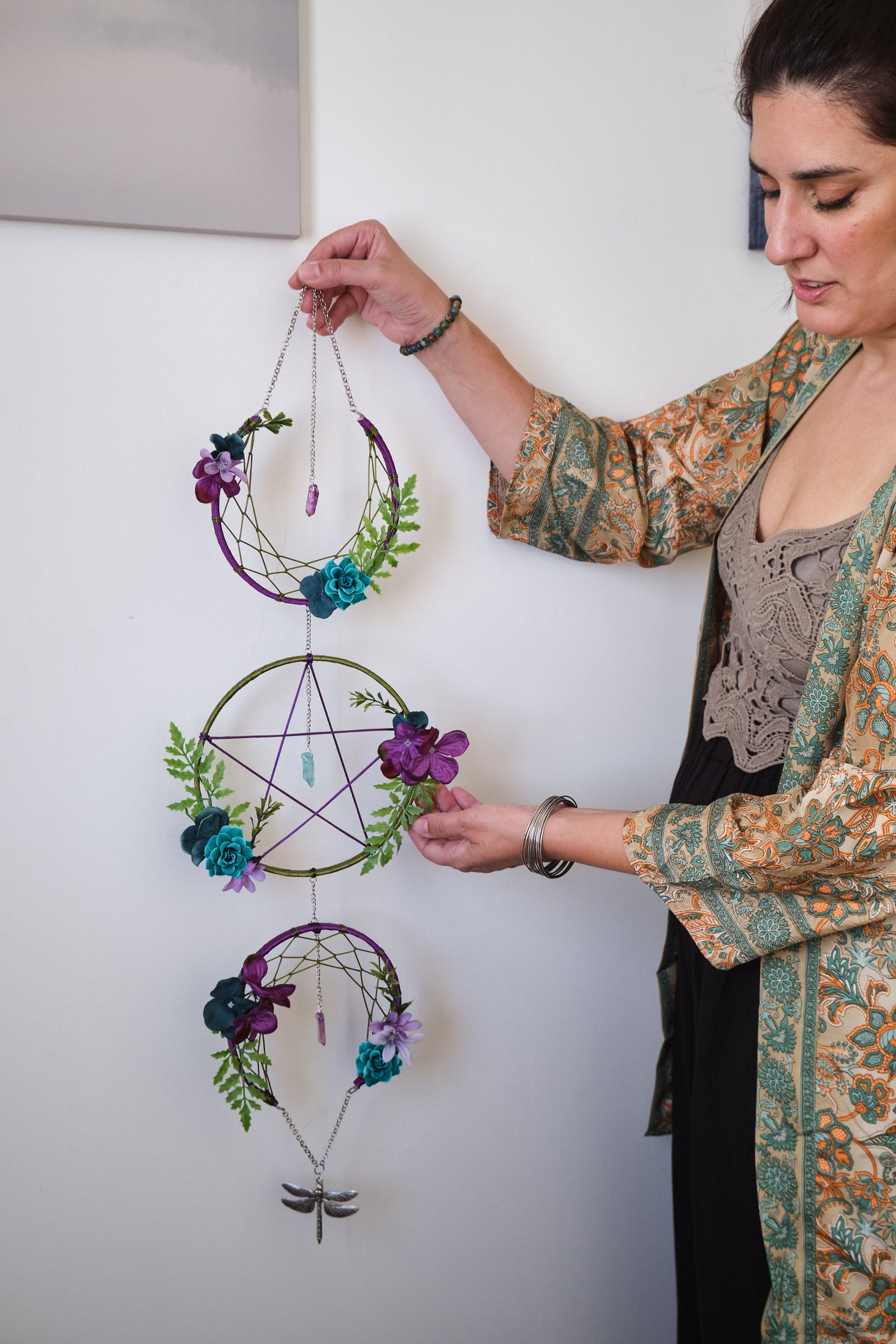 Triple Moon Dreamcatcher with Pentacle and Crystals, Cottagecore Wall Hanging