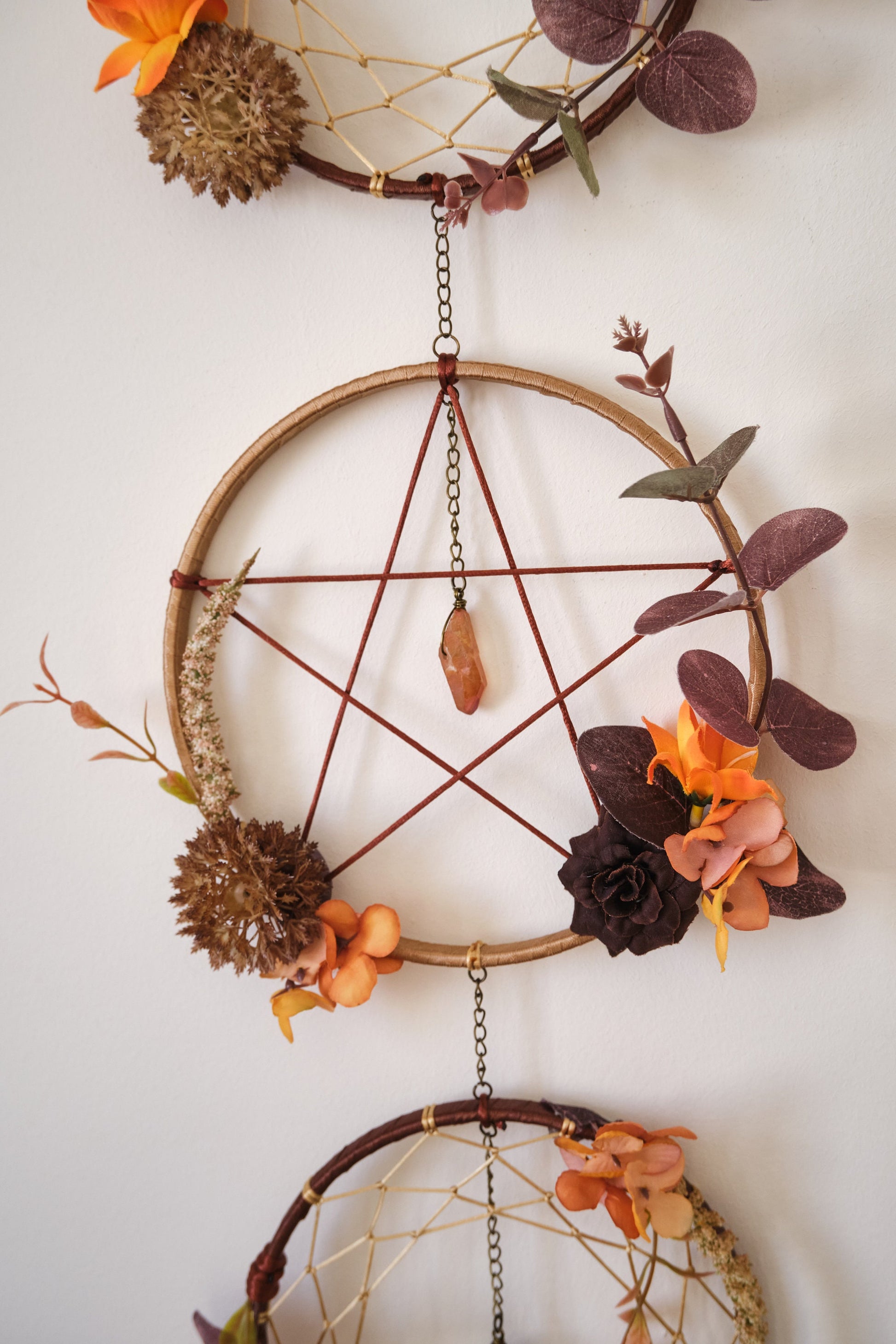 Triple Moon Dreamcatcher with Pentacle and Crystals, Cottagecore Wall Hanging