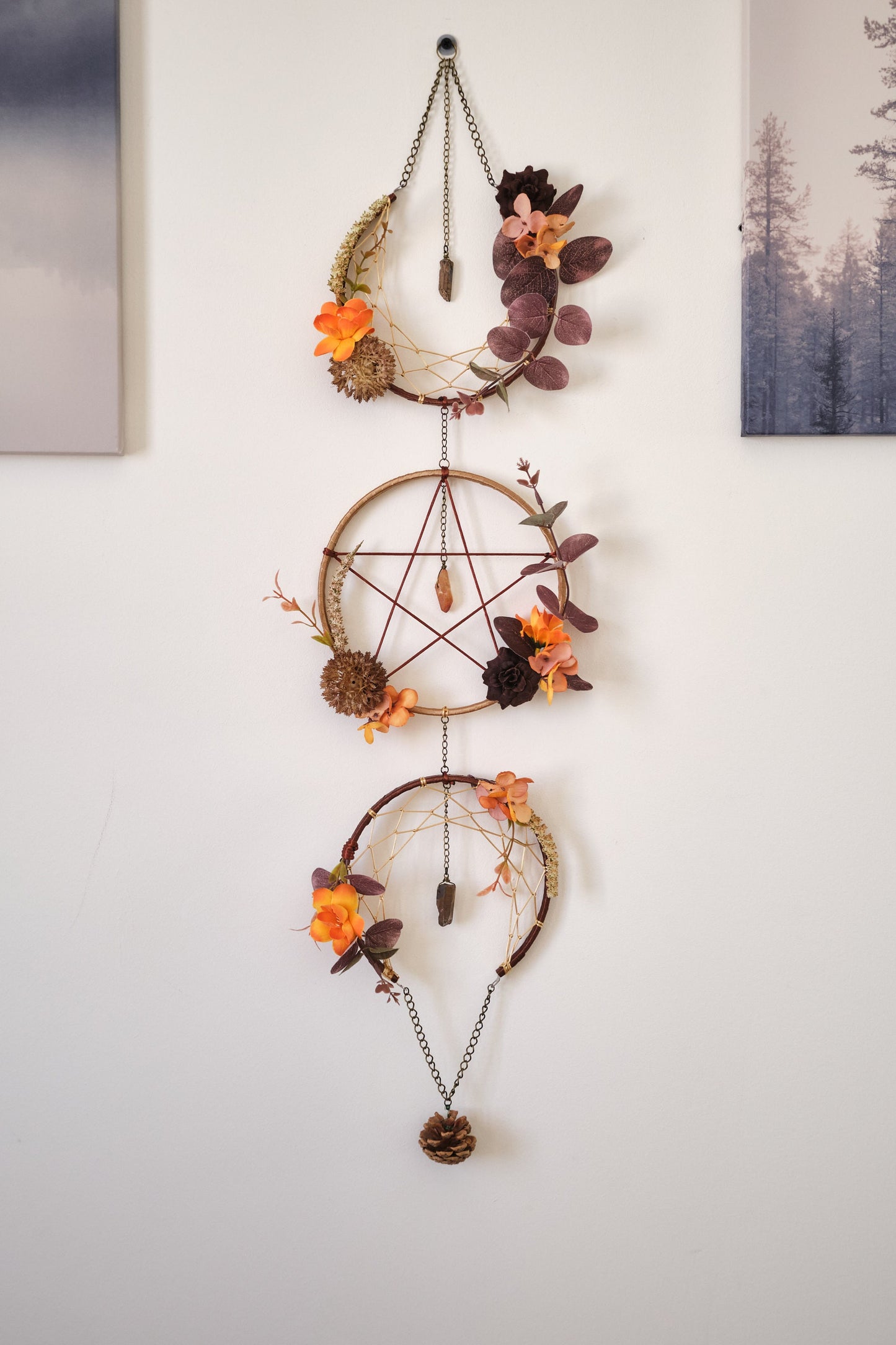 Triple Moon Dreamcatcher with Pentacle and Crystals, Cottagecore Wall Hanging