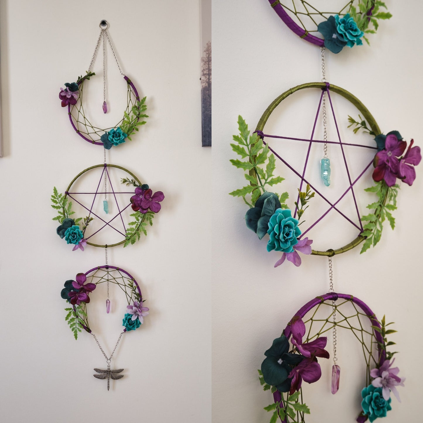 Triple Moon Dreamcatcher with Pentacle and Crystals, Cottagecore Wall Hanging