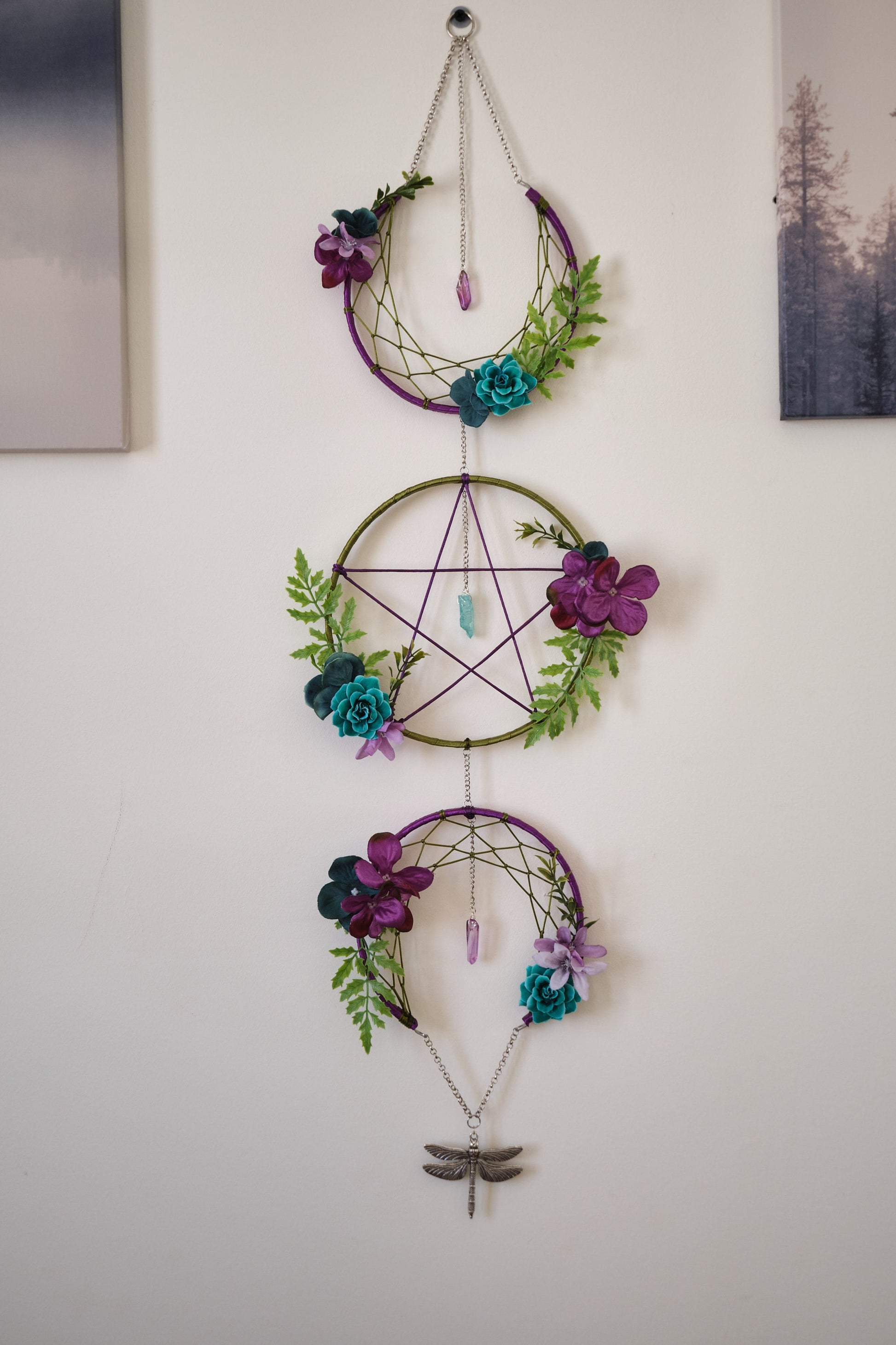 Triple Moon Dreamcatcher with Pentacle and Crystals, Cottagecore Wall Hanging