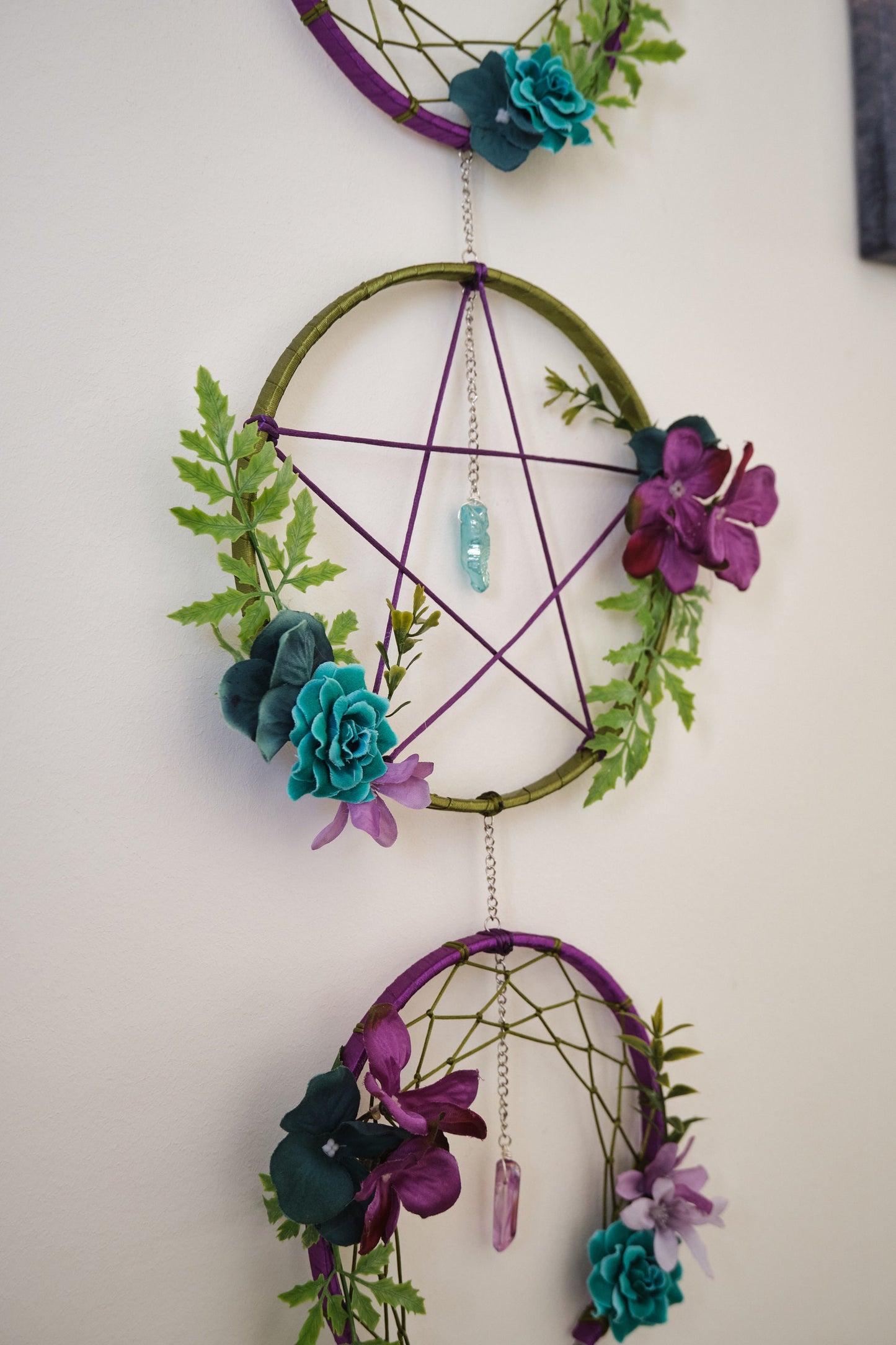 Triple Moon Dreamcatcher with Pentacle and Crystals, Cottagecore Wall Hanging
