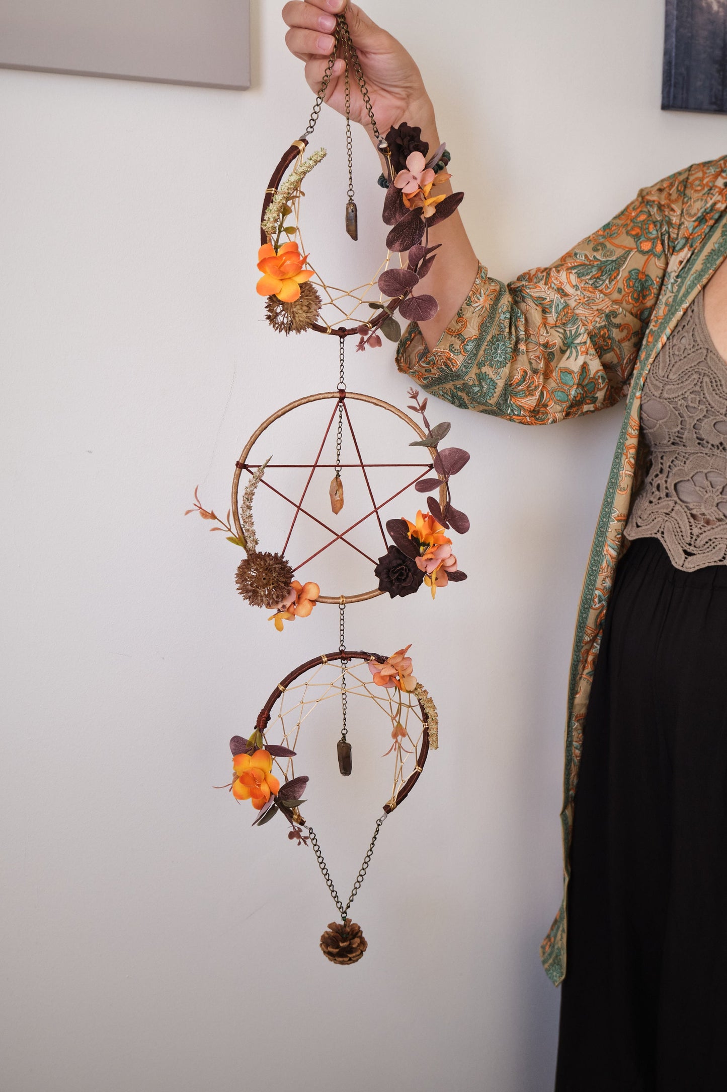 Triple Moon Dreamcatcher with Pentacle and Crystals, Cottagecore Wall Hanging