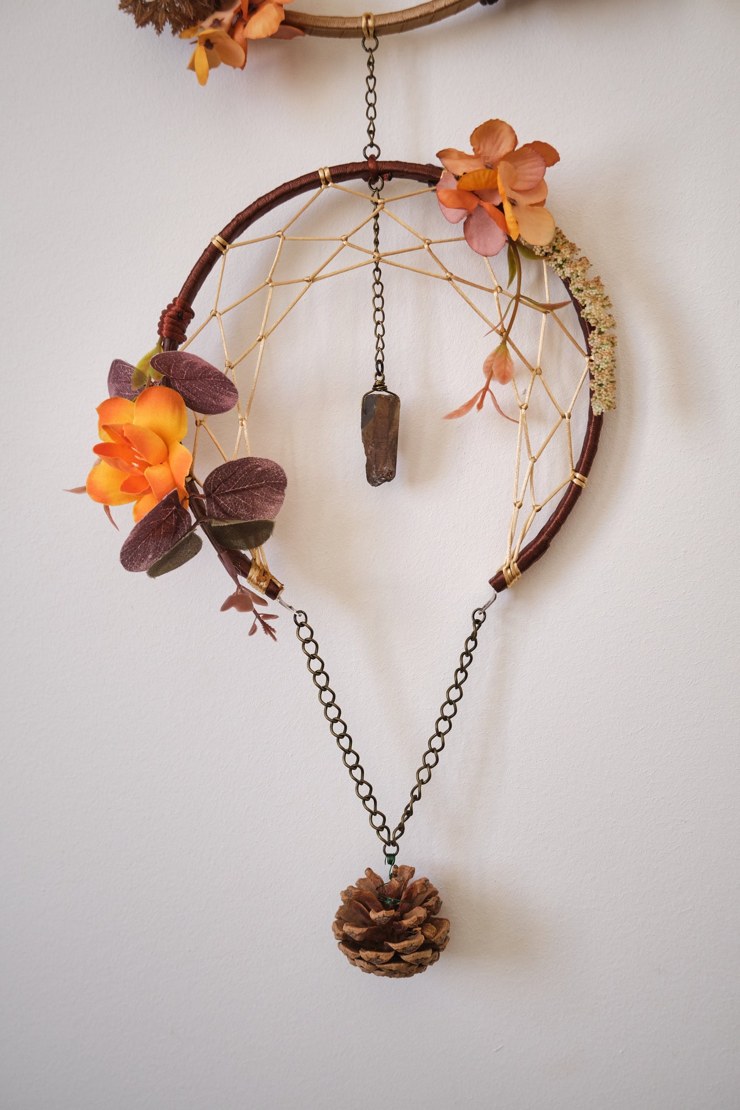 Triple Moon Dreamcatcher with Pentacle and Crystals, Cottagecore Wall Hanging