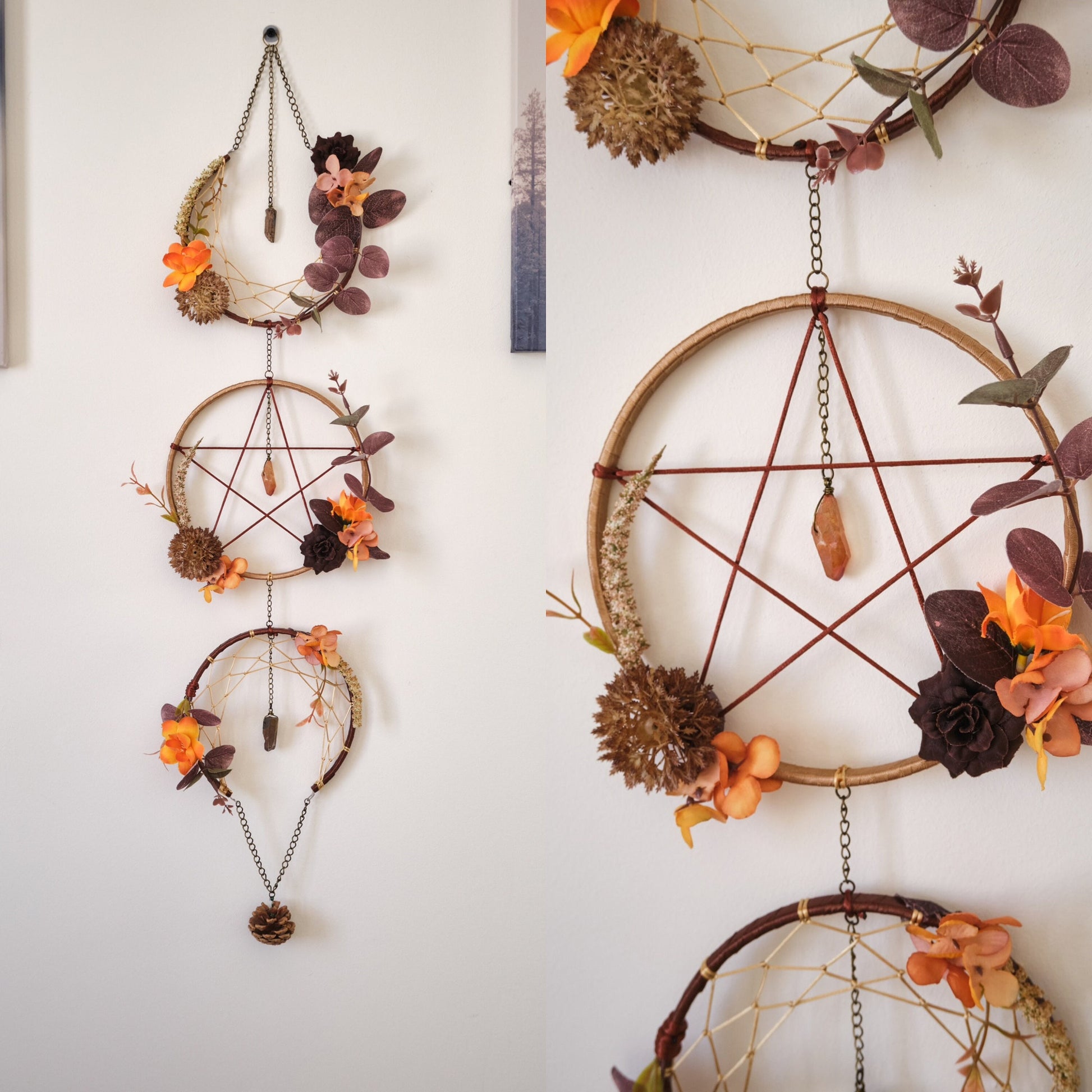 Triple Moon Dreamcatcher with Pentacle and Crystals, Cottagecore Wall Hanging