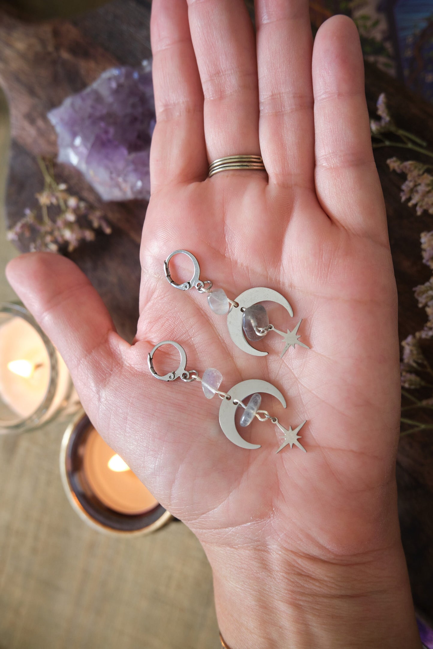 Moon and Star Crystal Earrings, White Labradorite Gemstone, Celestial Jewelry, Moonstone