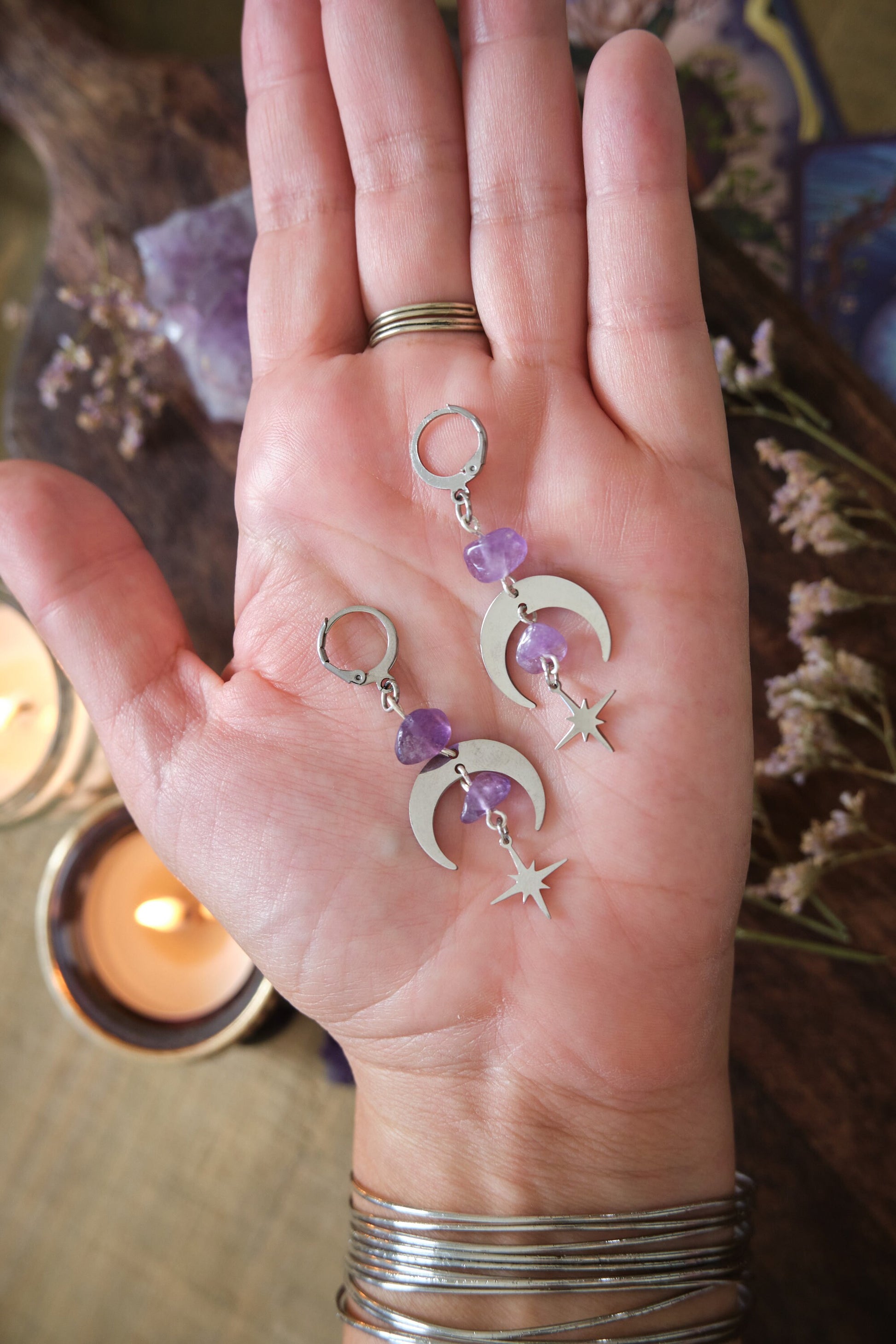 Moon and Star Crystal Earrings, White Labradorite Gemstone, Celestial Jewelry, Moonstone