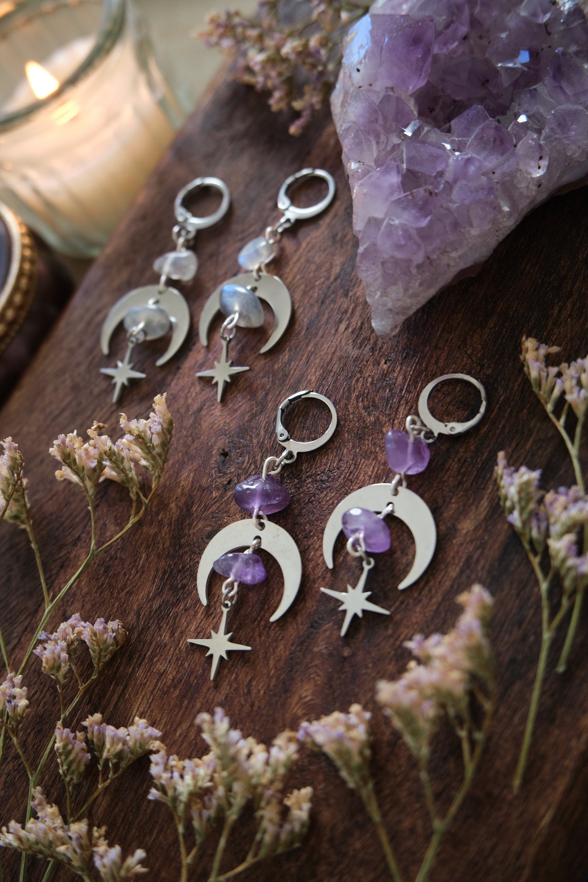 Moon and Star Crystal Earrings, White Labradorite Gemstone, Celestial Jewelry, Moonstone
