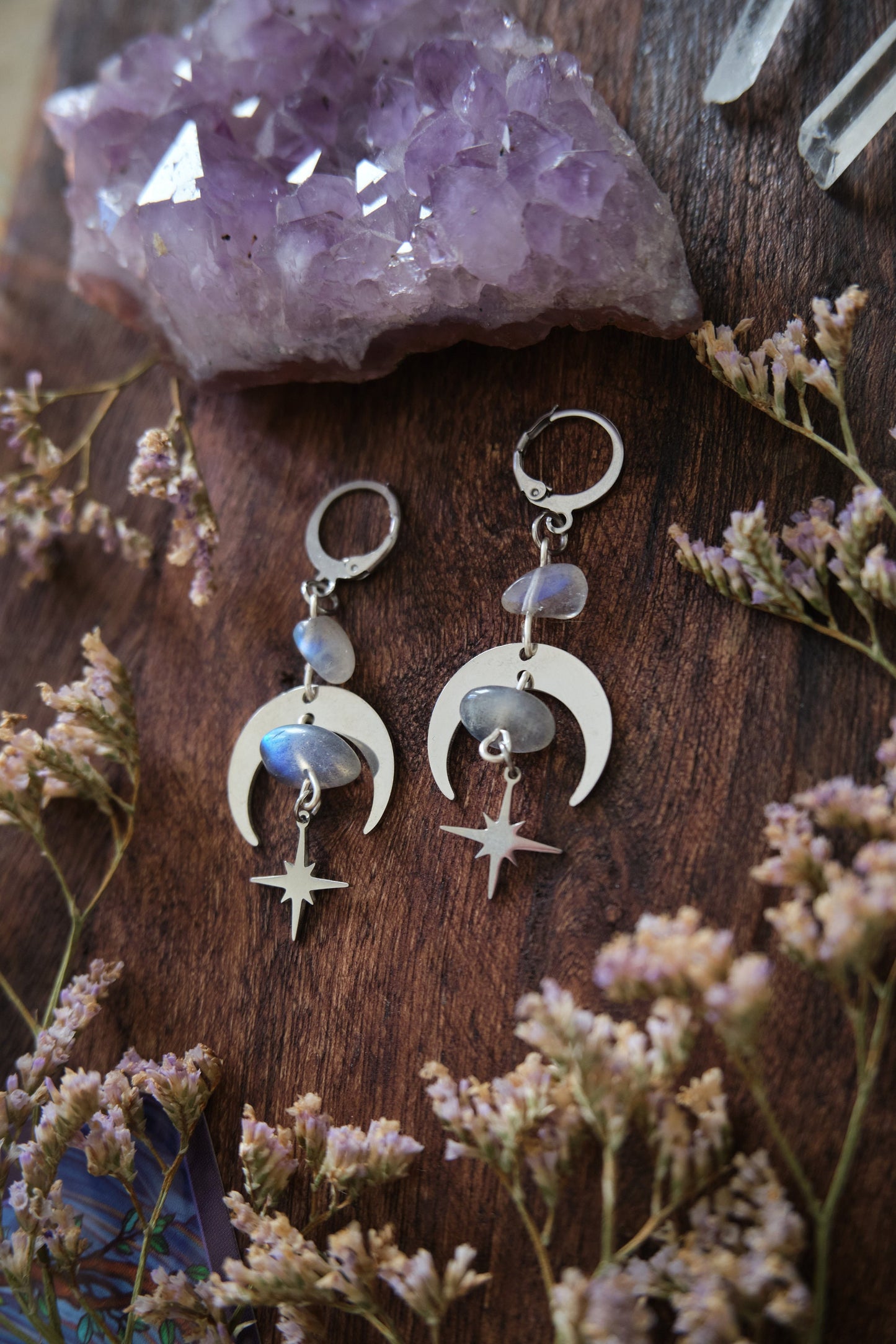 Moon and Star Crystal Earrings, White Labradorite Gemstone, Celestial Jewelry, Moonstone