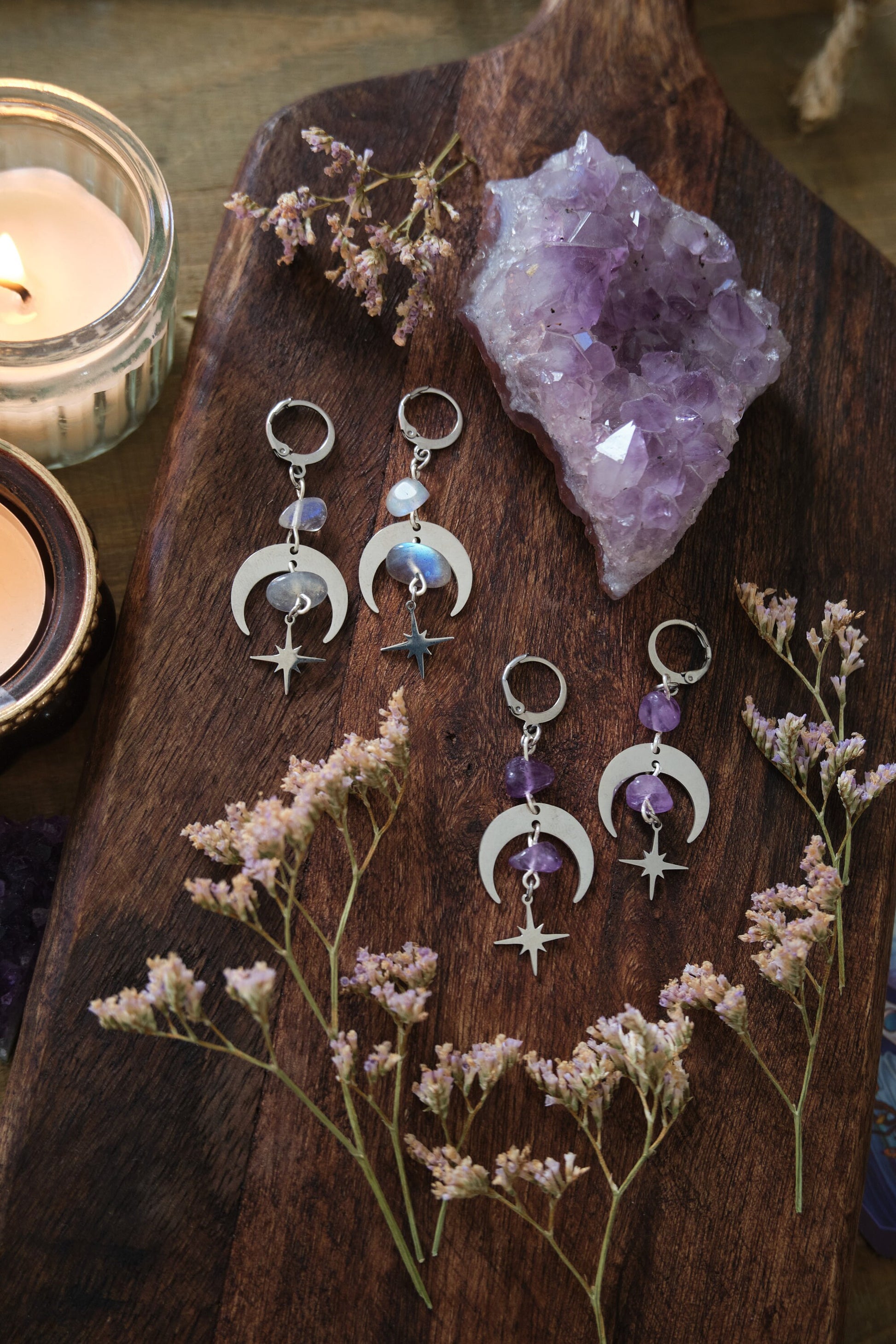 Moon and Star Crystal Earrings, White Labradorite Gemstone, Celestial Jewelry, Moonstone