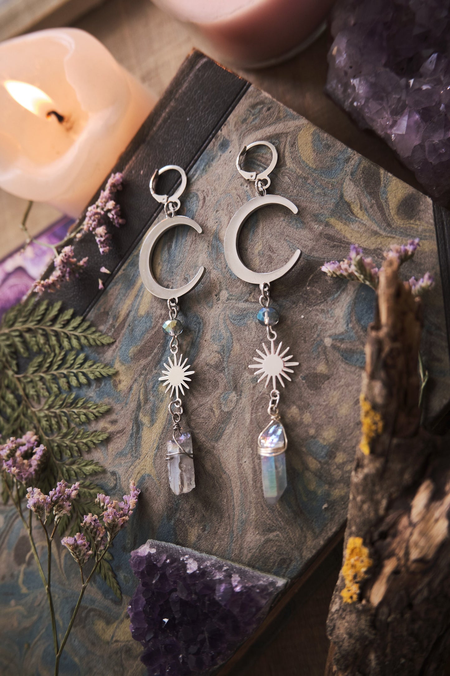 Moon and Star Crystal Earrings, Quartz Crystal, Celestial Jewelry