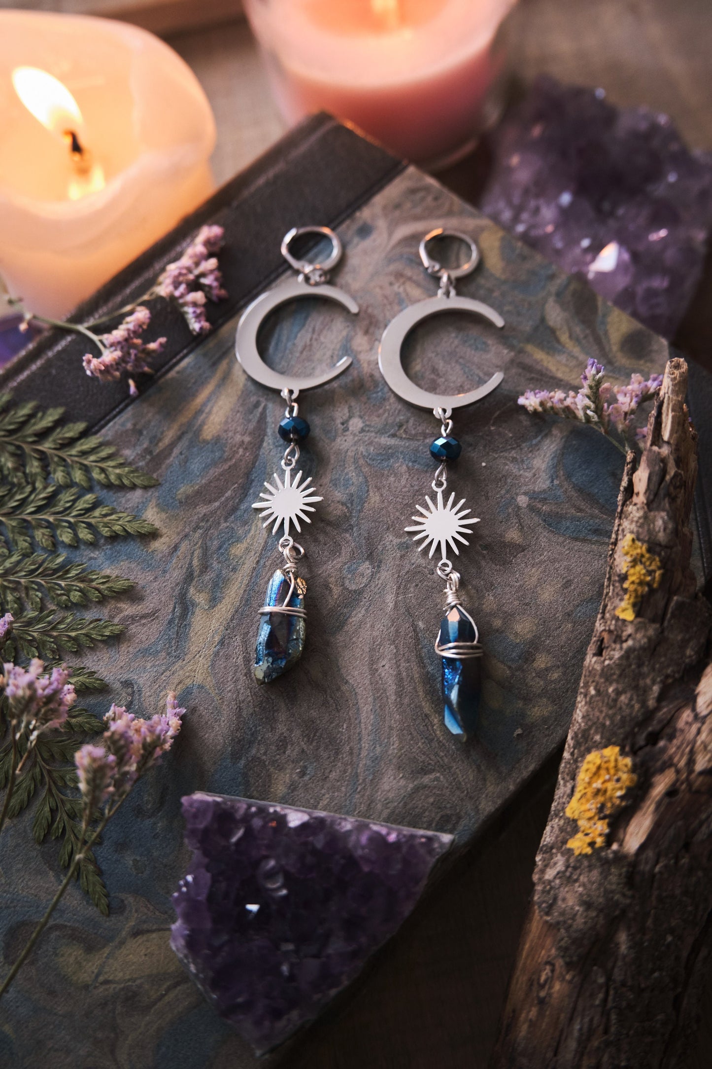 Moon and Star Crystal Earrings, Quartz Crystal, Celestial Jewelry