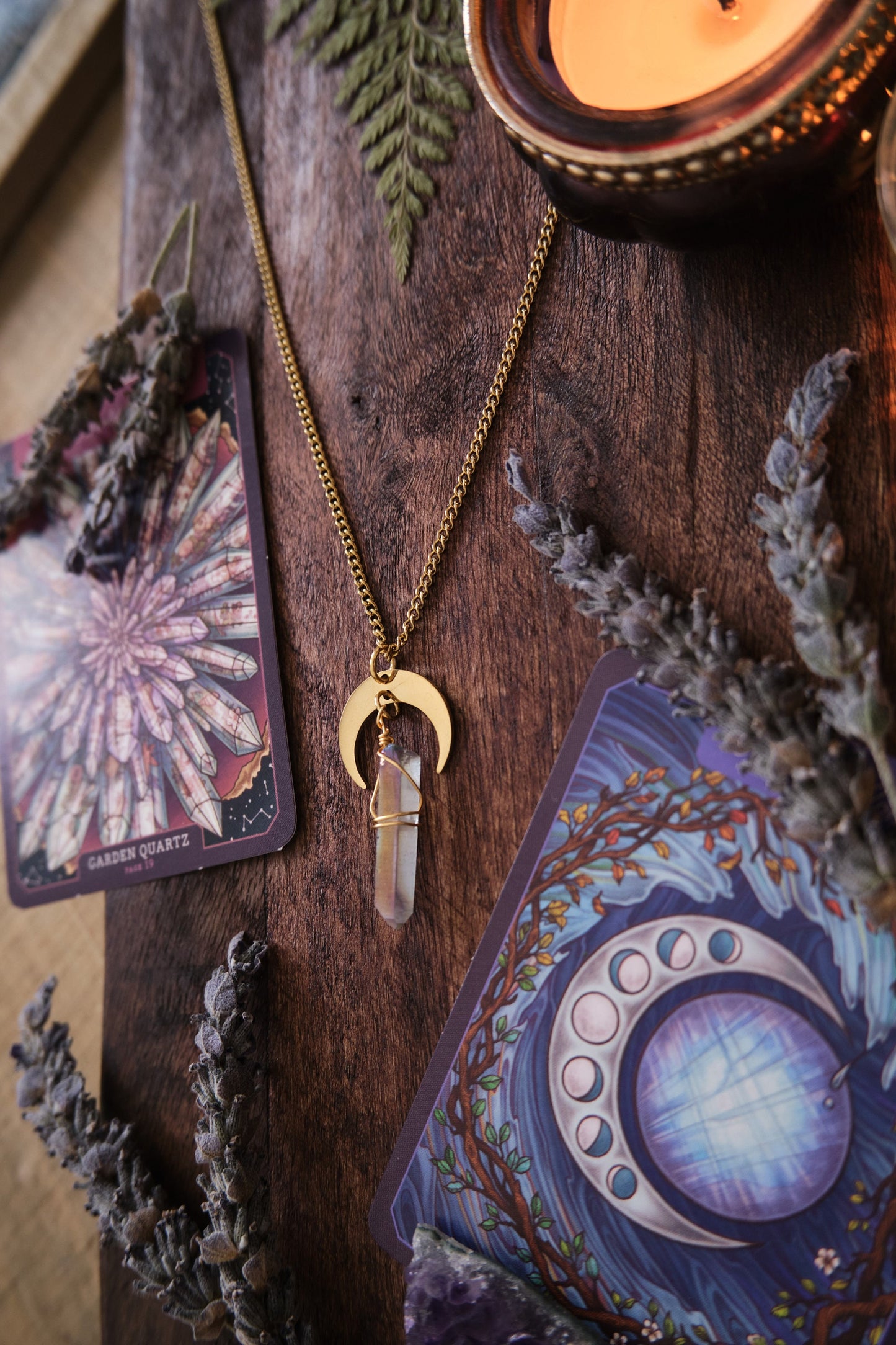 Quartz Crystal Necklace with Moon Charm - Gold