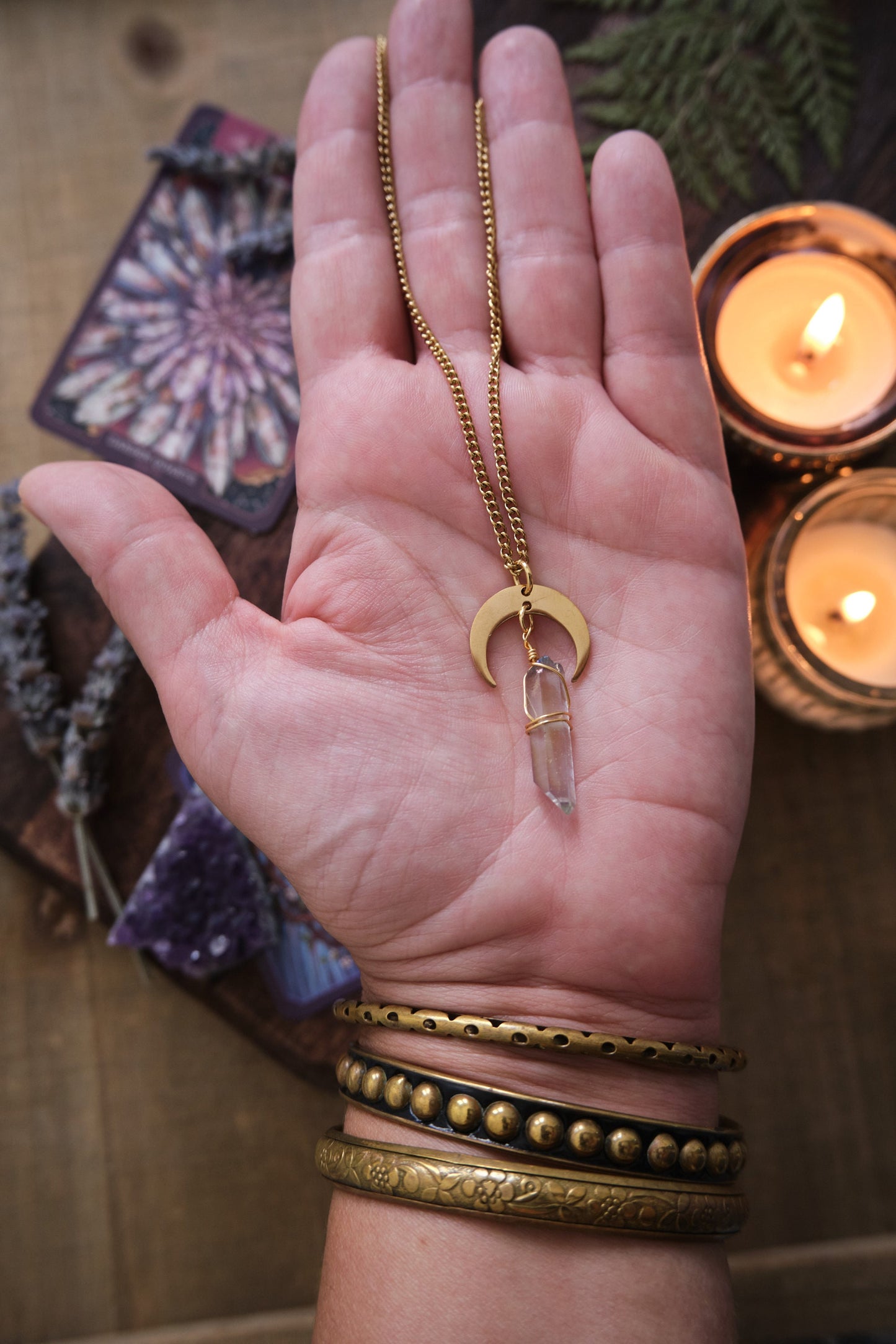 Quartz Crystal Necklace with Moon Charm - Gold