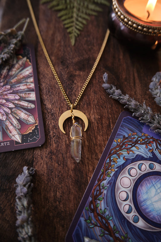 Quartz Crystal Necklace with Moon Charm - Gold