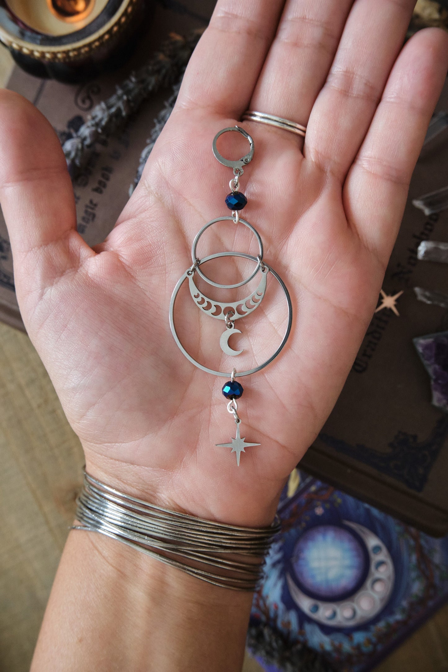 Moon Phase Earrings, Stainless Steel Moon and Stars, Witchy Celestial Jewelry - Silver