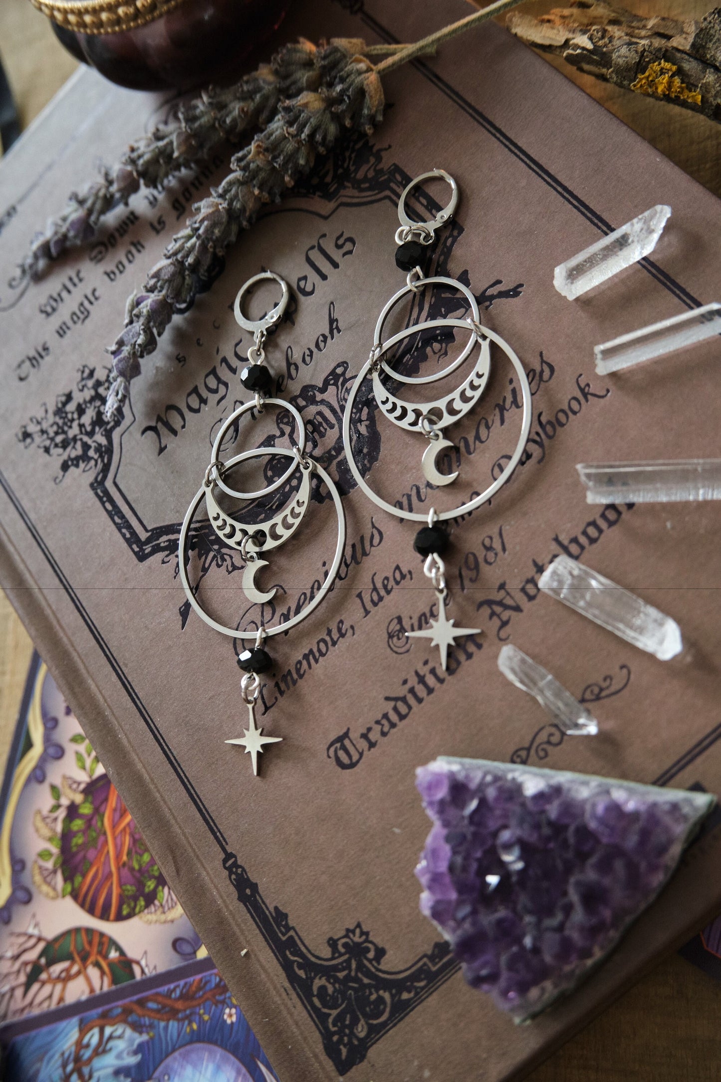 Moon Phase Earrings, Stainless Steel Moon and Stars, Witchy Celestial Jewelry - Silver
