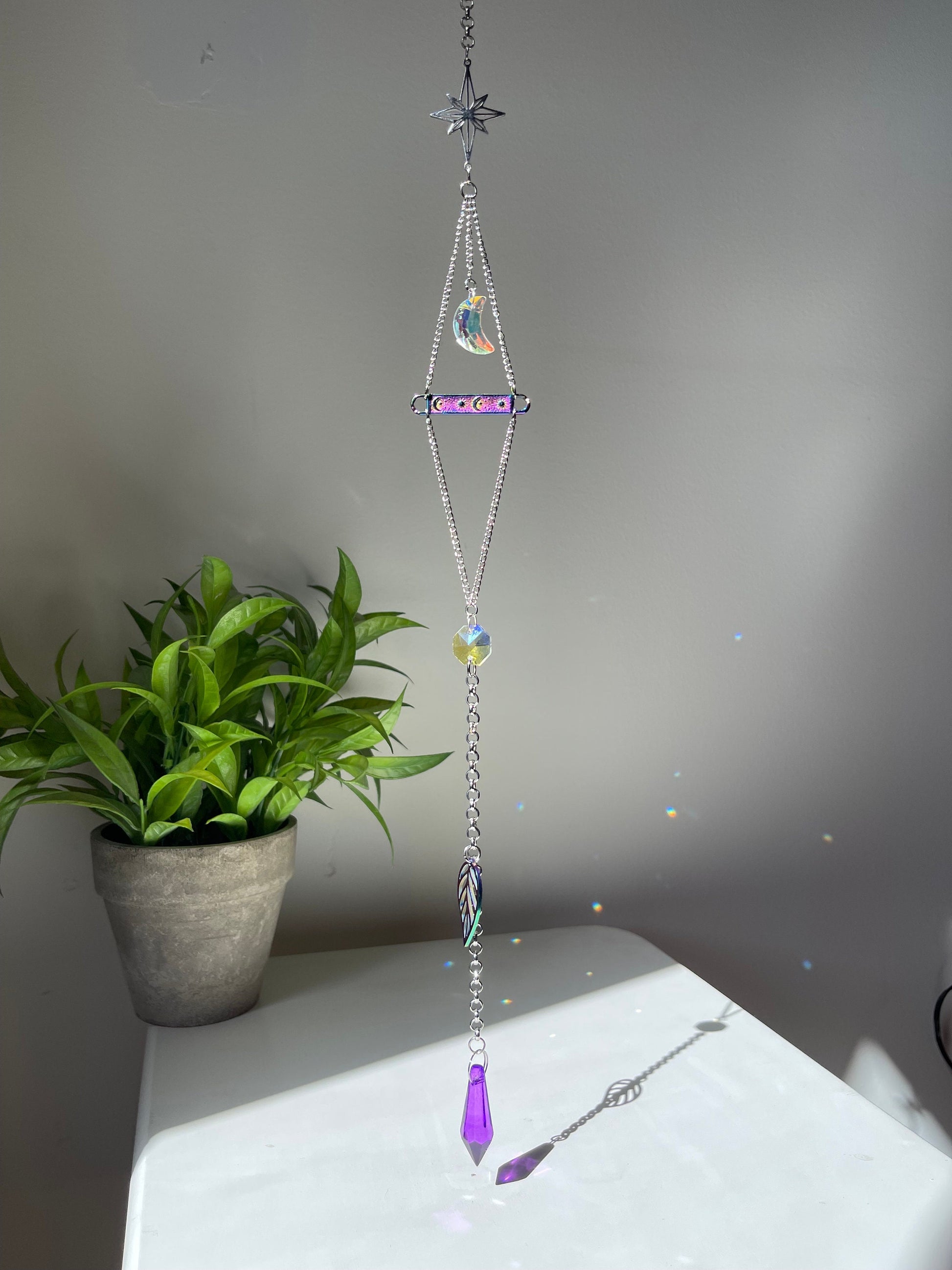 Silver and Purple Moon Suncatcher, Celestial Window Prism, Rainbow Maker